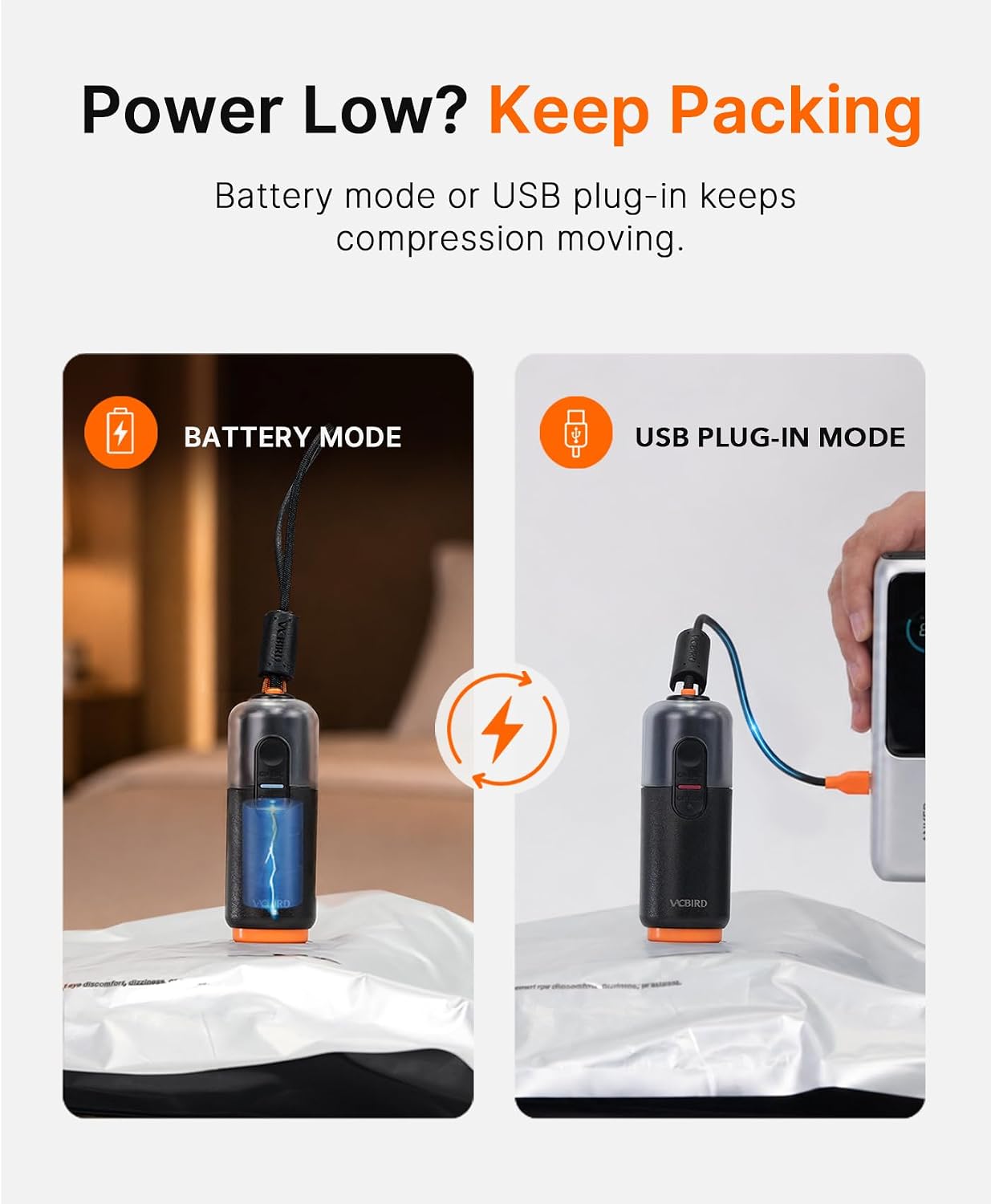Vacbird 10 Pack Vacuum Bags for Travel with USB & Battery 2-in-1 Rechargeable Cordless Pump, Vacuum Seal Compression Packing Bags for Luggage and Suitcase, Space Saver for Travel Clothing Storage - Image 5