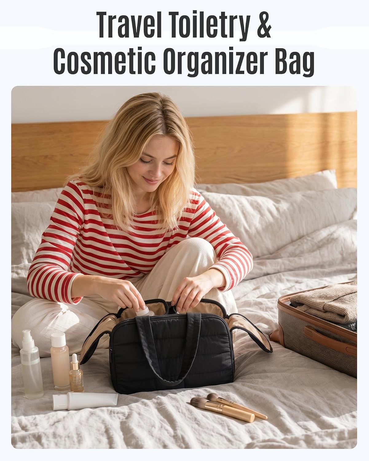 LIGHT FLIGHT Travel Toiletry Bag, Quilted Travel Makeup Cosmetic Bag Organizer, Toiletry Bags for Traveling Women, Make up Bag with Handle, Coffee Brown - Image 7
