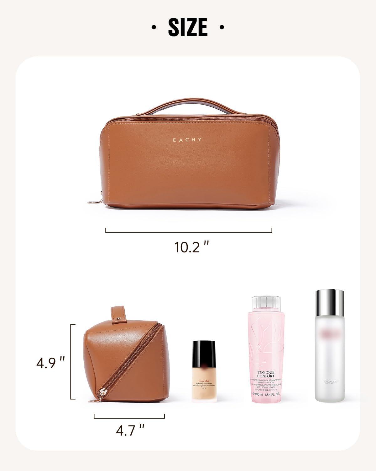 EACHY Travel Makeup Bag for Women, PU Leather Cosmetic Bag, Brown, Large - Image 6