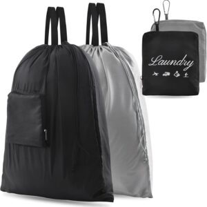 2 Pcs JHX Travel Laundry Bags, Dirty Clothes Organizer【Upgraded】with Handles and Aluminum Carabiner for Travel, Camp, Fitness, and Students (Black&Grey) 24"L x 21"W