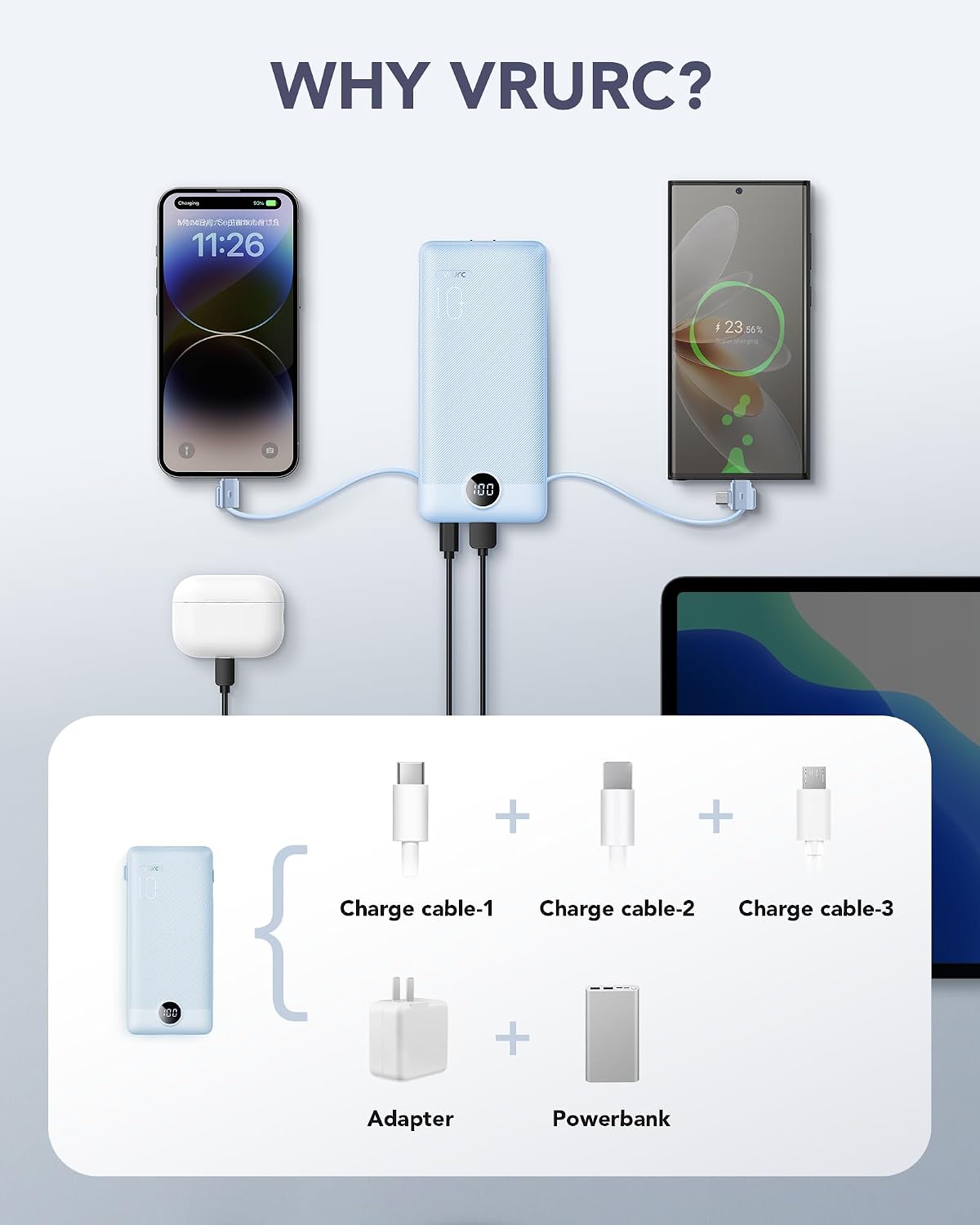 VRURC Portable Charger, Power Bank Built-in Cables and AC Wall Plug - Image 4