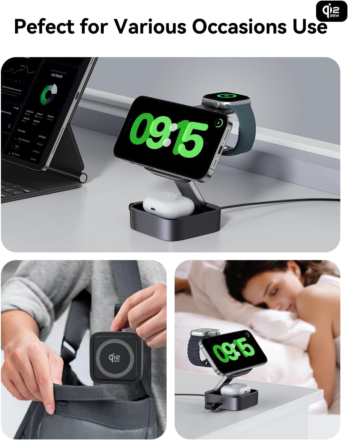 Wireless Charging Station 3 in 1 for Apple Devices, Magnetic Foldable Travel Fast Charger Stand Compatible with MagSafe for iPhone Air/18/17/16/15/14/13/12 Series, Apple Watch & Pro/4/3/2-Black - Image 8