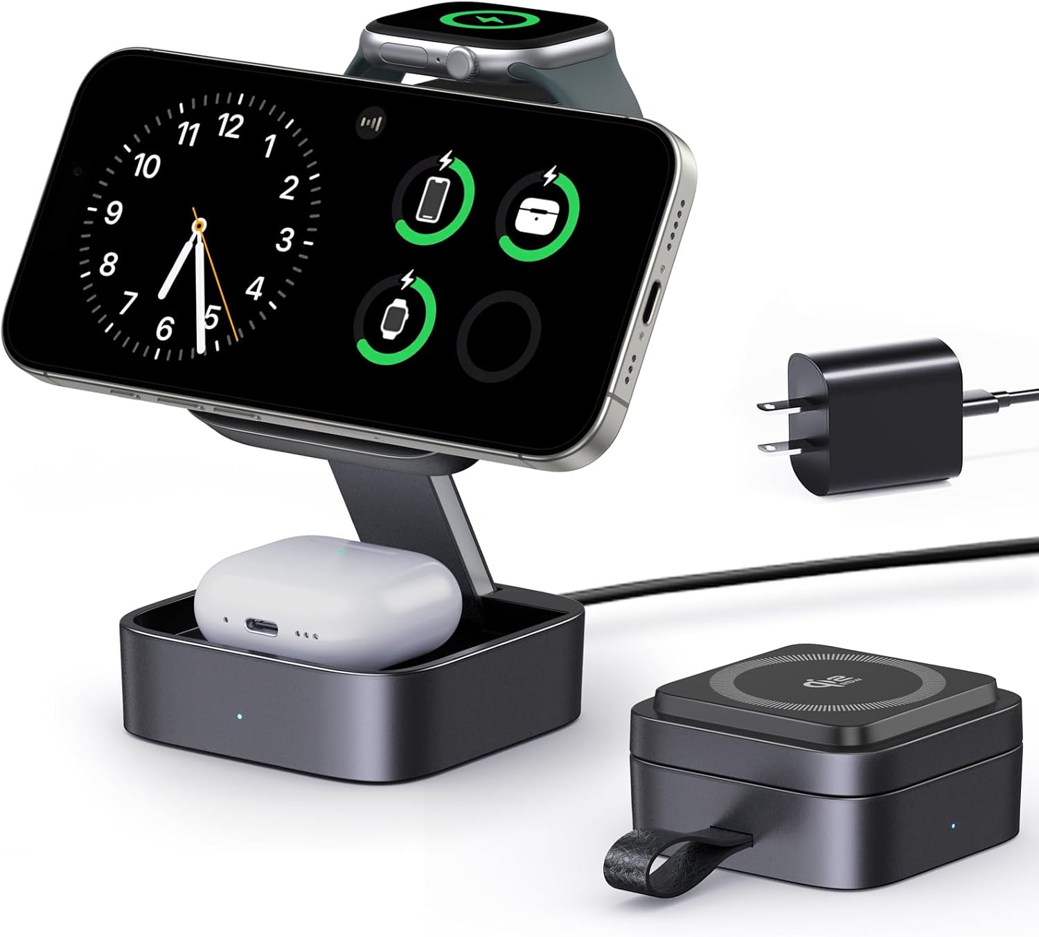 Wireless Charging Station 3 in 1 for Apple Devices, Magnetic Foldable Travel Fast Charger Stand Compatible with MagSafe for iPhone Air/18/17/16/15/14/13/12 Series, Apple Watch & Pro/4/3/2-Black