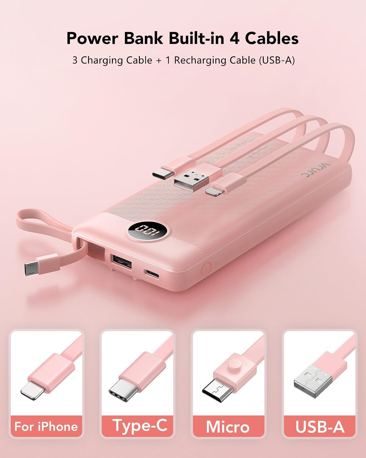 VRURC Portable Charger, Slim Power Bank Built-in 4 Cables, Travel Essential - Image 2