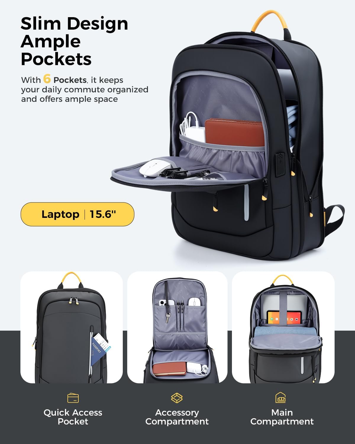 Slim Laptop Backpack for Men, 15.6 Inch Expandable Business Travel Backpack with USB Charging Port, Lightweight Work Computer Bag, 600D Waterproof Durable Backpack, Black - Image 3