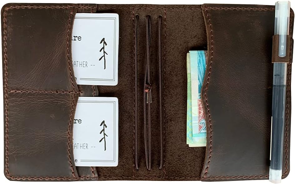 Travelers Notebook Cover with Inner Pockets, Card Slots and Pen Holder, Passport Size, Dark Brown - Image 3