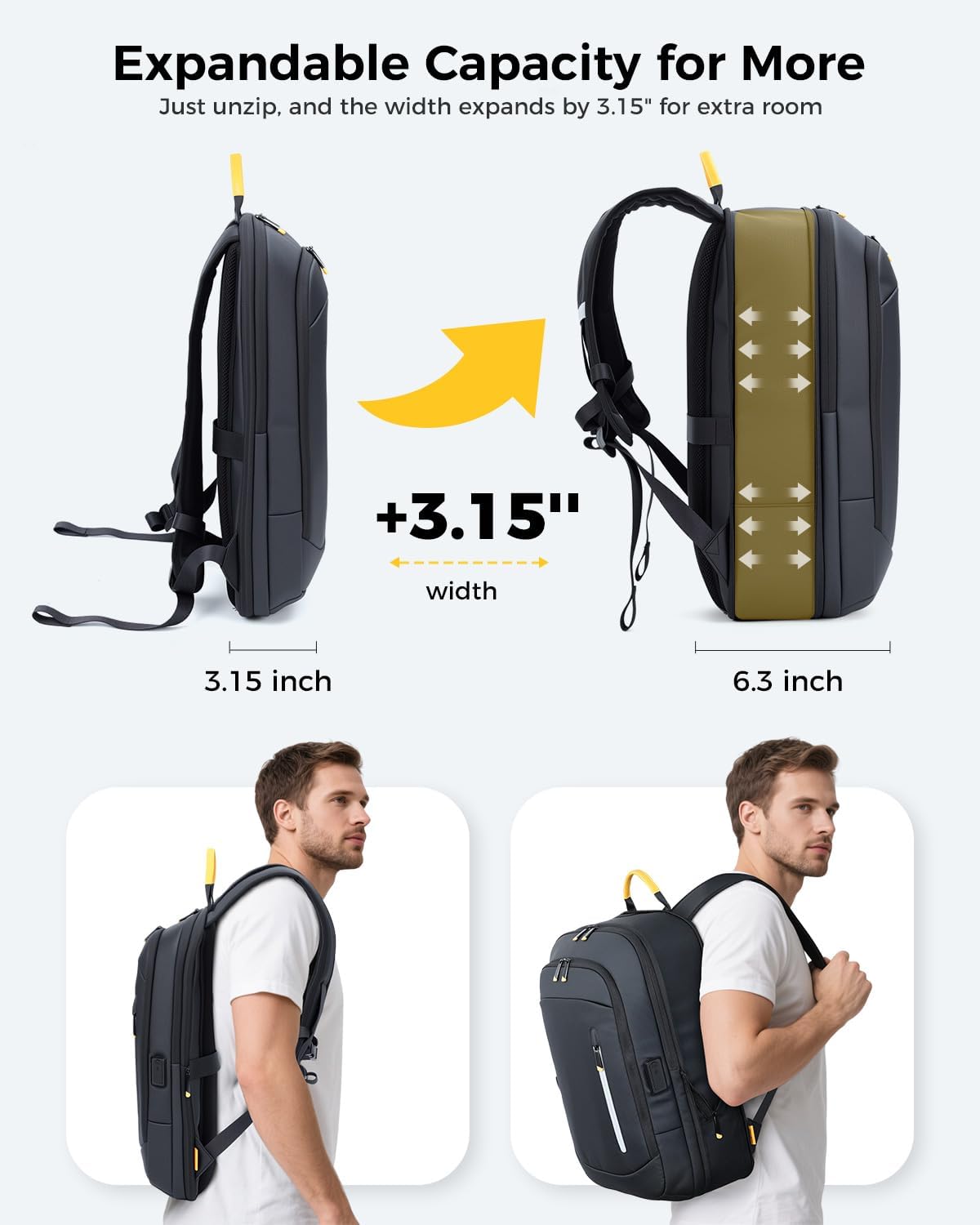 Slim Laptop Backpack for Men, 15.6 Inch Expandable Business Travel Backpack with USB Charging Port, Lightweight Work Computer Bag, 600D Waterproof Durable Backpack, Black - Image 2
