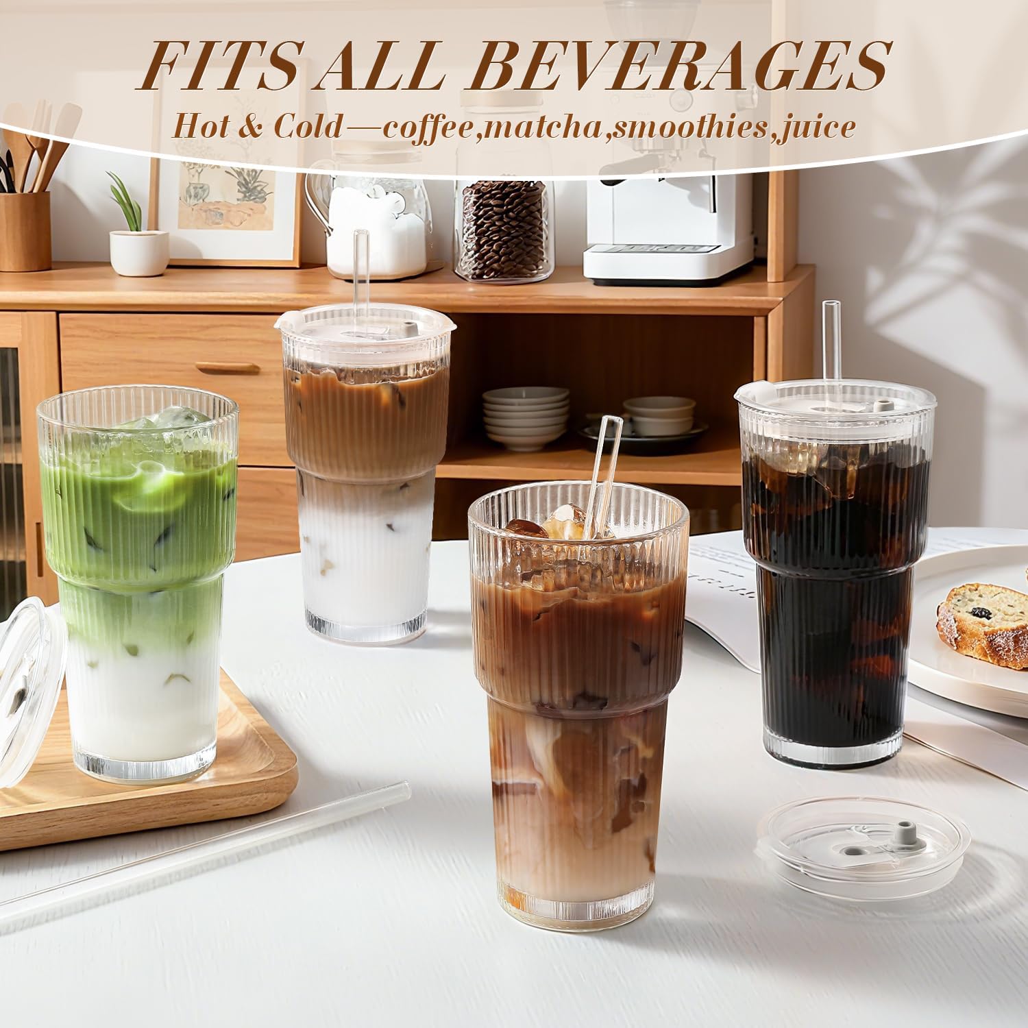 20oz Ribbed Iced Coffee Cups with Lids,4 Pcs Vintage Glass Cups Tumblers - Image 5