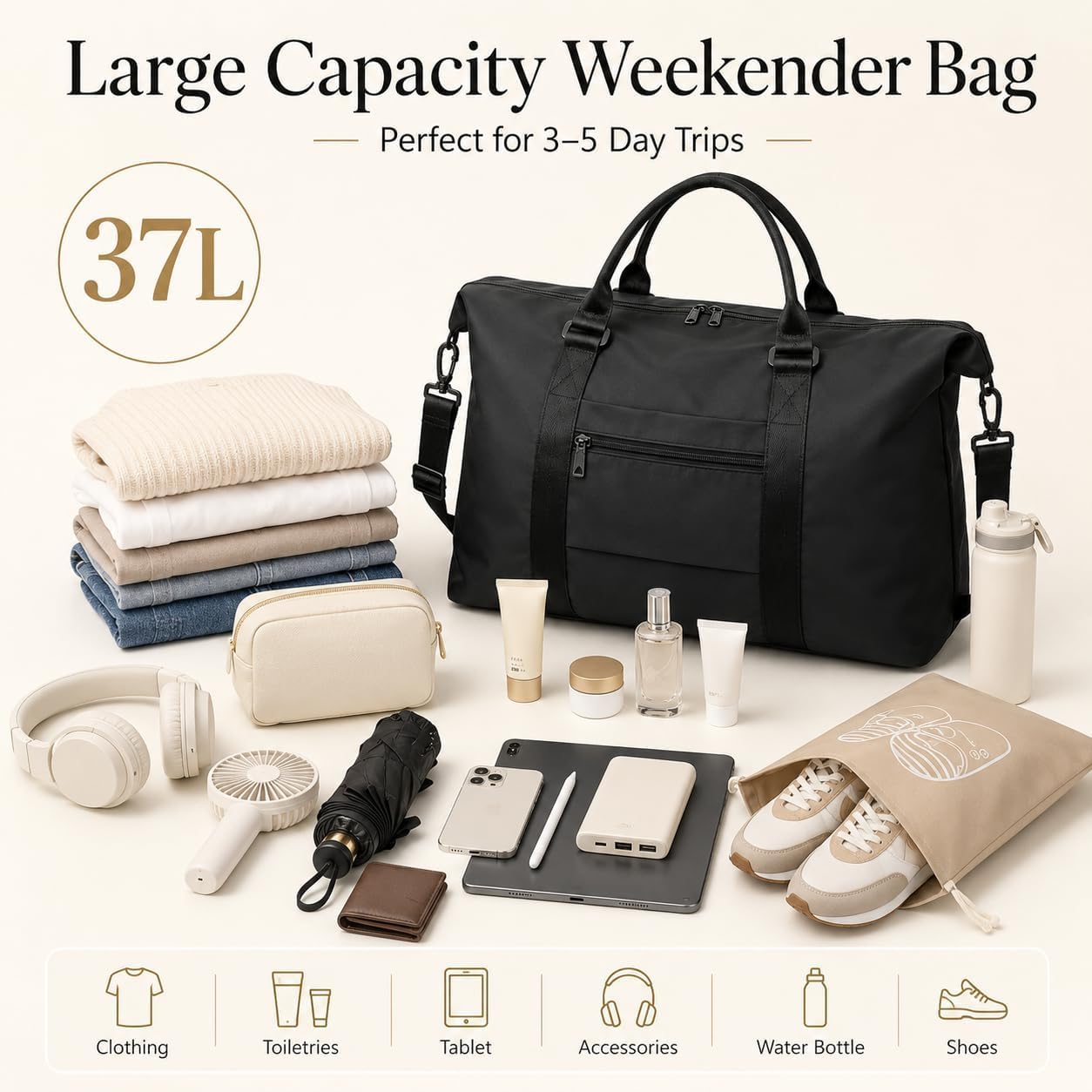 Travel Duffle Bag, Weekender Travel Bag Men Small Gym Bag for Women, Hospital Bag for Labor and Delivery, Overnight Bag Luggage Bag with Trolley Sleeve, Airplane Travel Essentials for Flying(Black) - Image 4