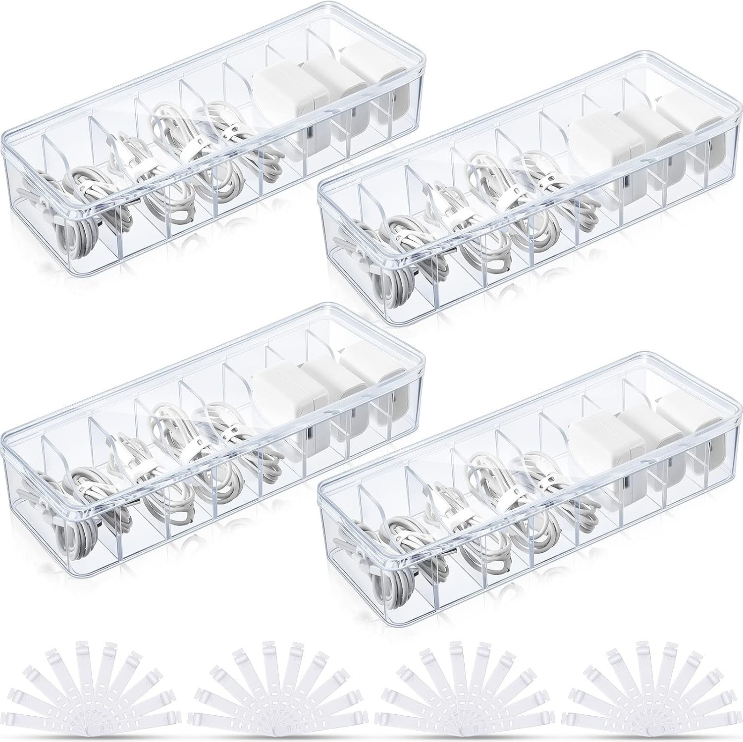 Tatuo Cord Organizer Box with Lid, Clear, 4 Pack