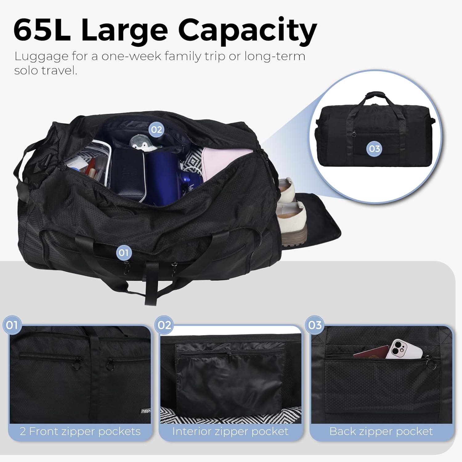 Fmeida 65L Duffle Bag Foldable Travel Duffel Bags for Men Women Travel Bag - Image 4