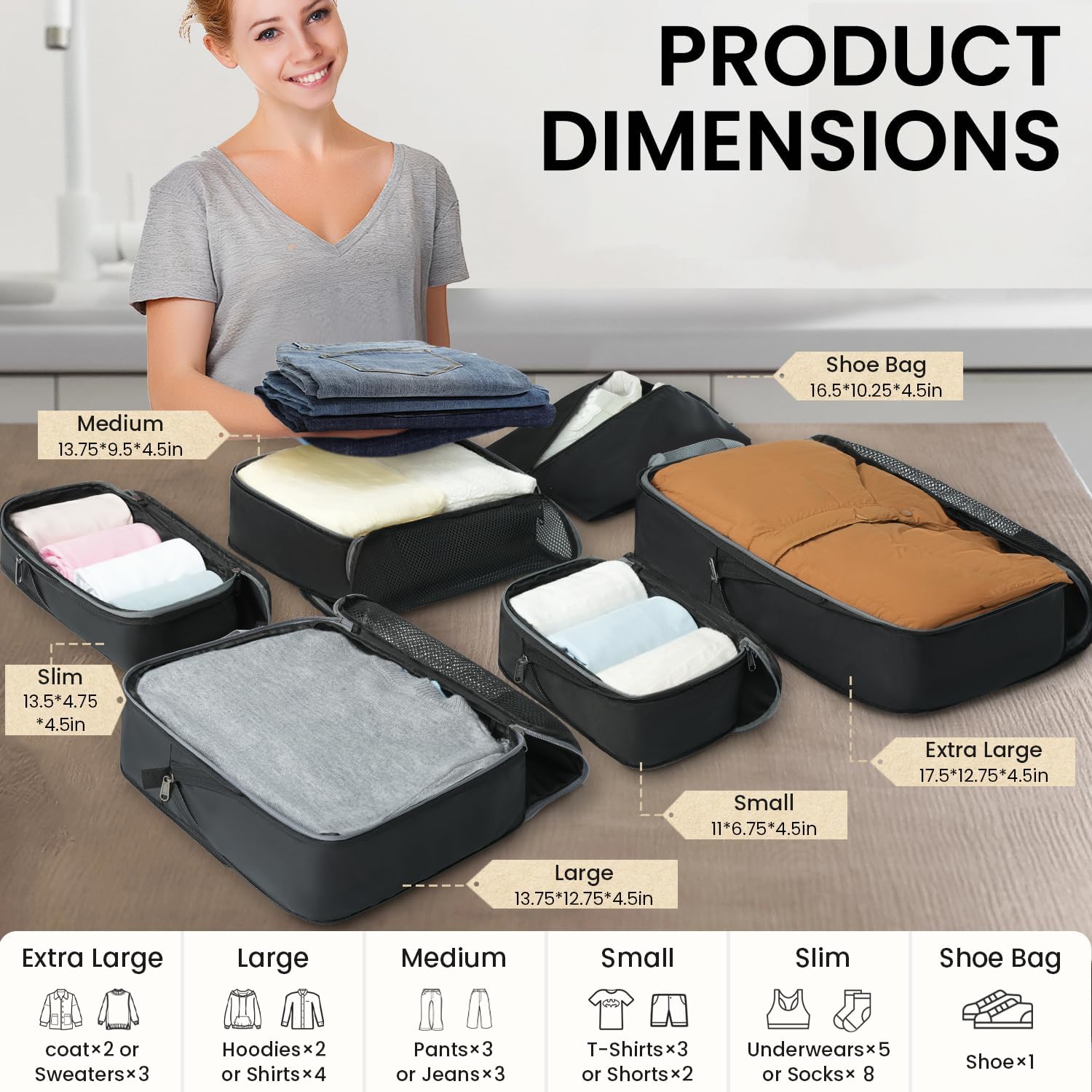 BAGAIL 4 Set/6 Set/8 Set Compression Packing Cubes Travel Accessories Expandable Packing Organizers (Half Mesh, 6-Black) - Image 2
