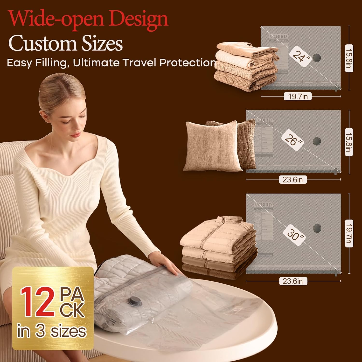 Vacbird 12 Pack Vacuum Bags for Travel with Rechargeable air Pump, Carry-on Size Vacuum Seal Bags for Luggage and Suitcase Compression, Space Saver for Clothes and Clothing Travel - Image 3