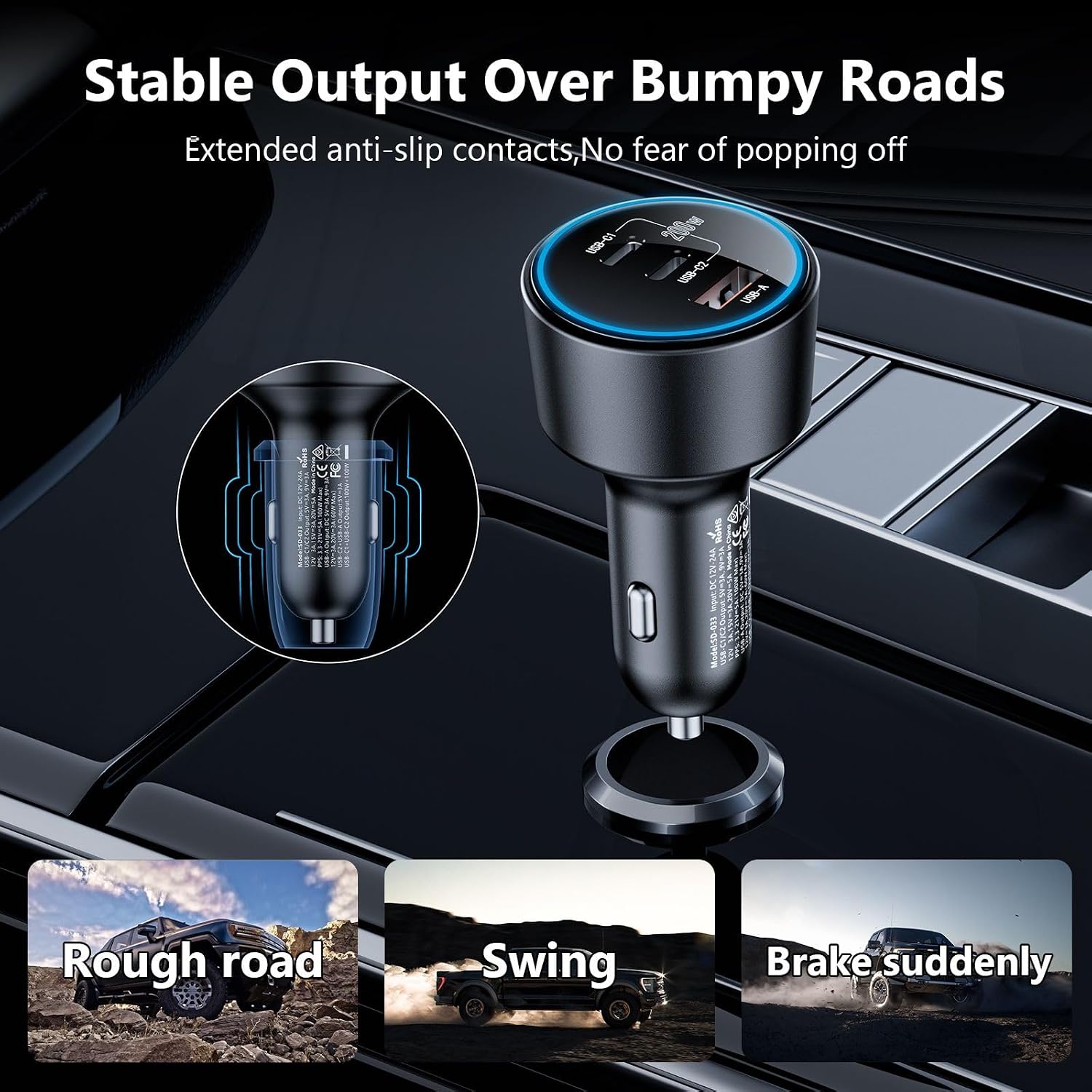 USB C Car Charger Fast Charging 200W, Dual PD 100W Type C Car Charger, - Image 7