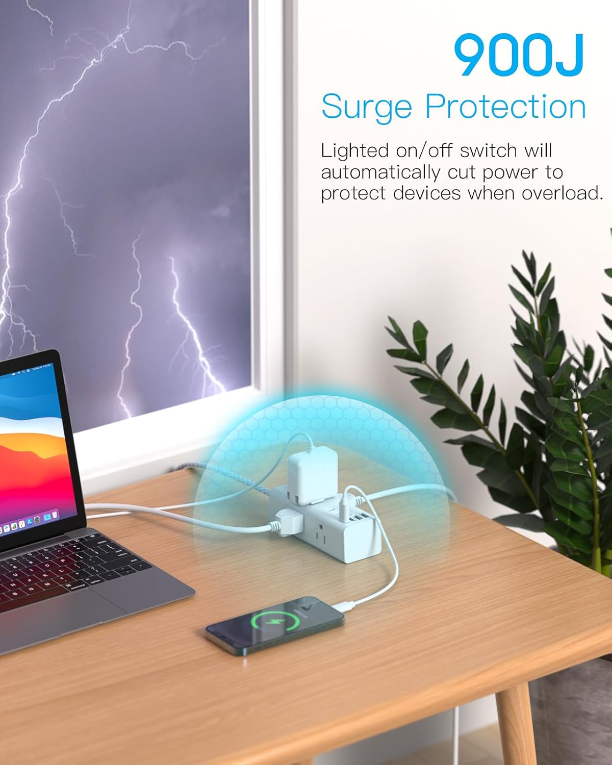 One Beat Surge Protector Power Strip, 5 Ft Flat Plug Extension Cord, 900J - Image 4