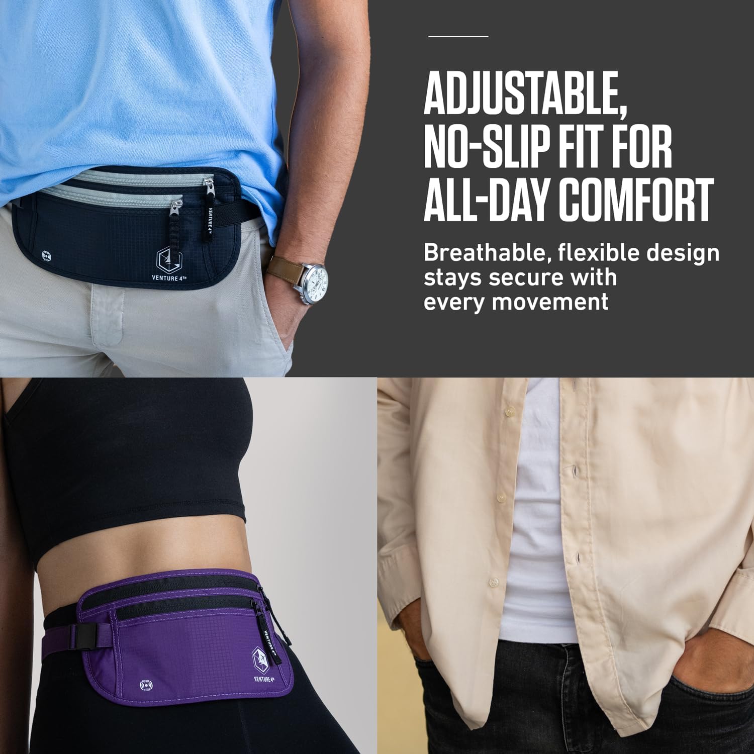VENTURE 4TH Travel Money Belt, RFID Blocking Passport Holder - Black - Image 8