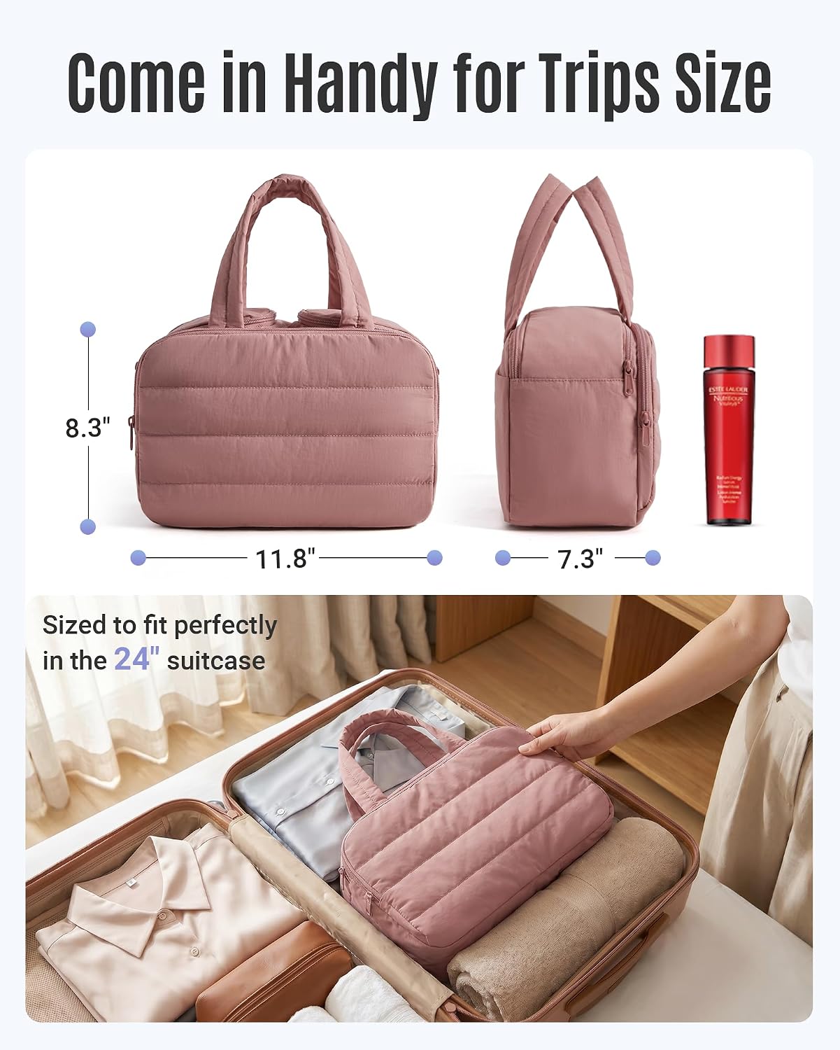 LIGHT FLIGHT Travel Toiletry Bag, Quilted Travel Makeup Cosmetic Bag Organizer, Toiletry Bags for Traveling Women, Make up Bag with Handle, Brown - Image 6