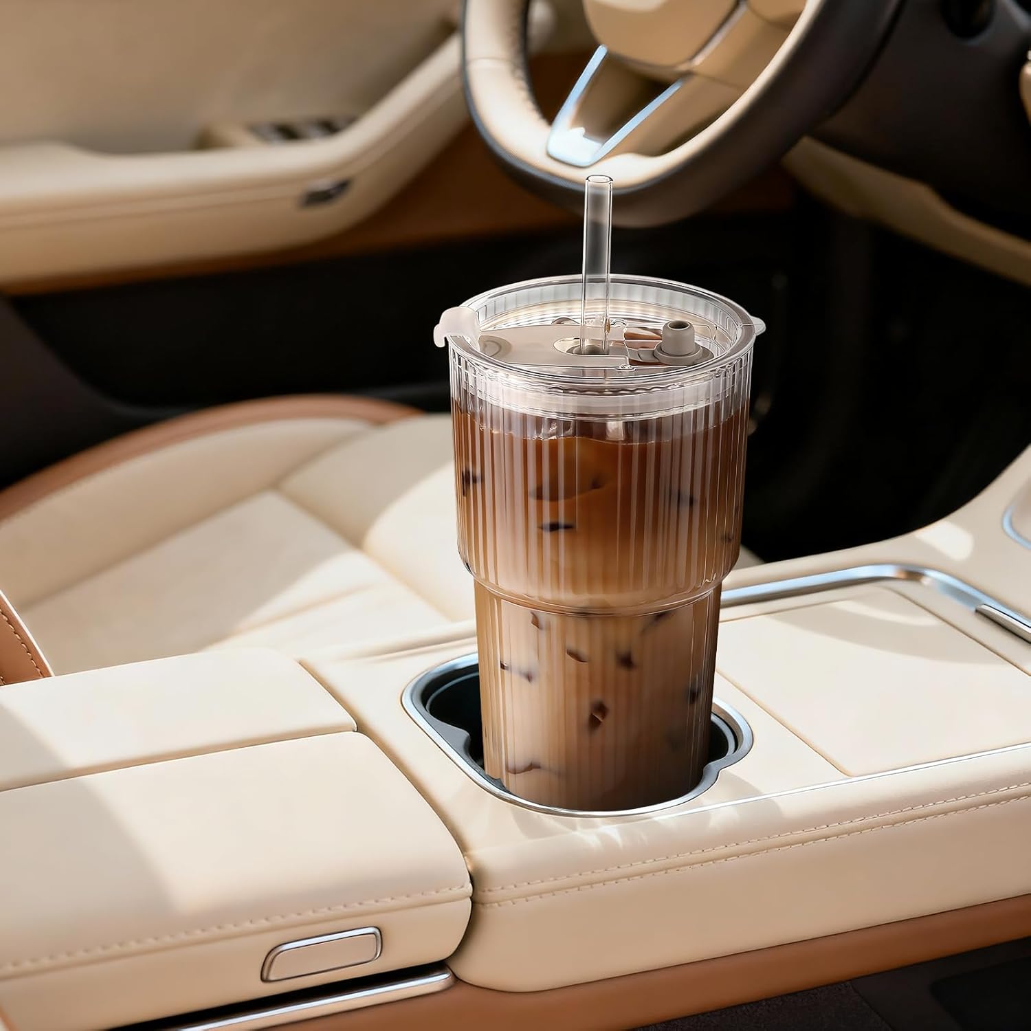 20oz Ribbed Iced Coffee Cups with Lids,4 Pcs Vintage Glass Cups Tumblers - Image 6