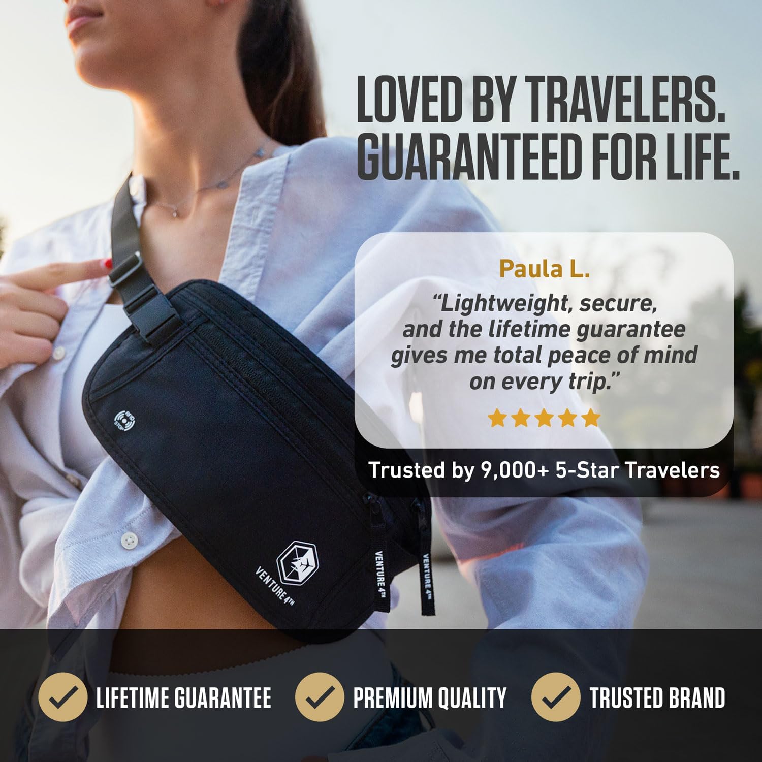 VENTURE 4TH Travel Money Belt, RFID Blocking Passport Holder - Black - Image 7
