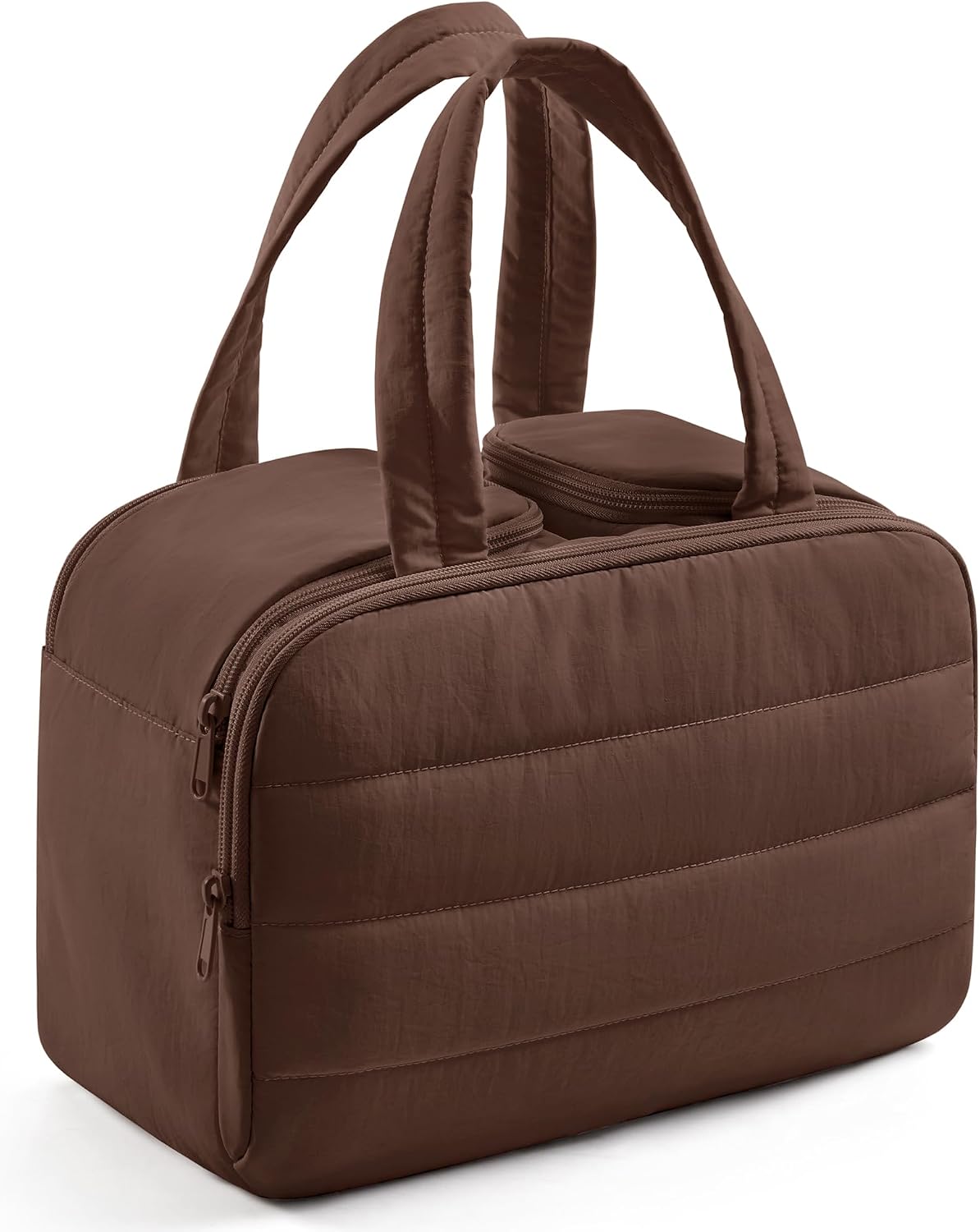 LIGHT FLIGHT Travel Toiletry Bag, Quilted Travel Makeup Cosmetic Bag Organizer, Toiletry Bags for Traveling Women, Make up Bag with Handle, Coffee Brown