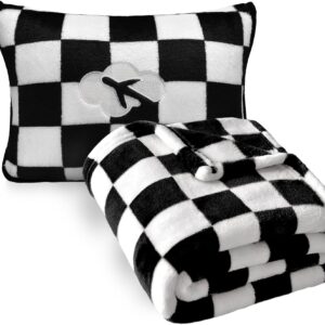 Travel Blanket and Pillow Compact, Premium Soft 2 in 1 Airplane Blanket with Soft Bag Pillowcase，Hand Luggage Sleeve and Backpack Clip (Checkered Black)
