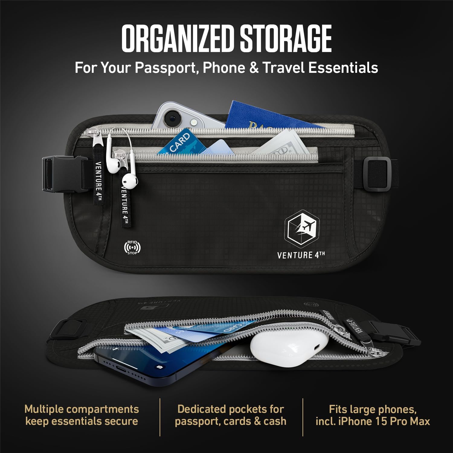 VENTURE 4TH Travel Money Belt, RFID Blocking Passport Holder - Black - Image 5