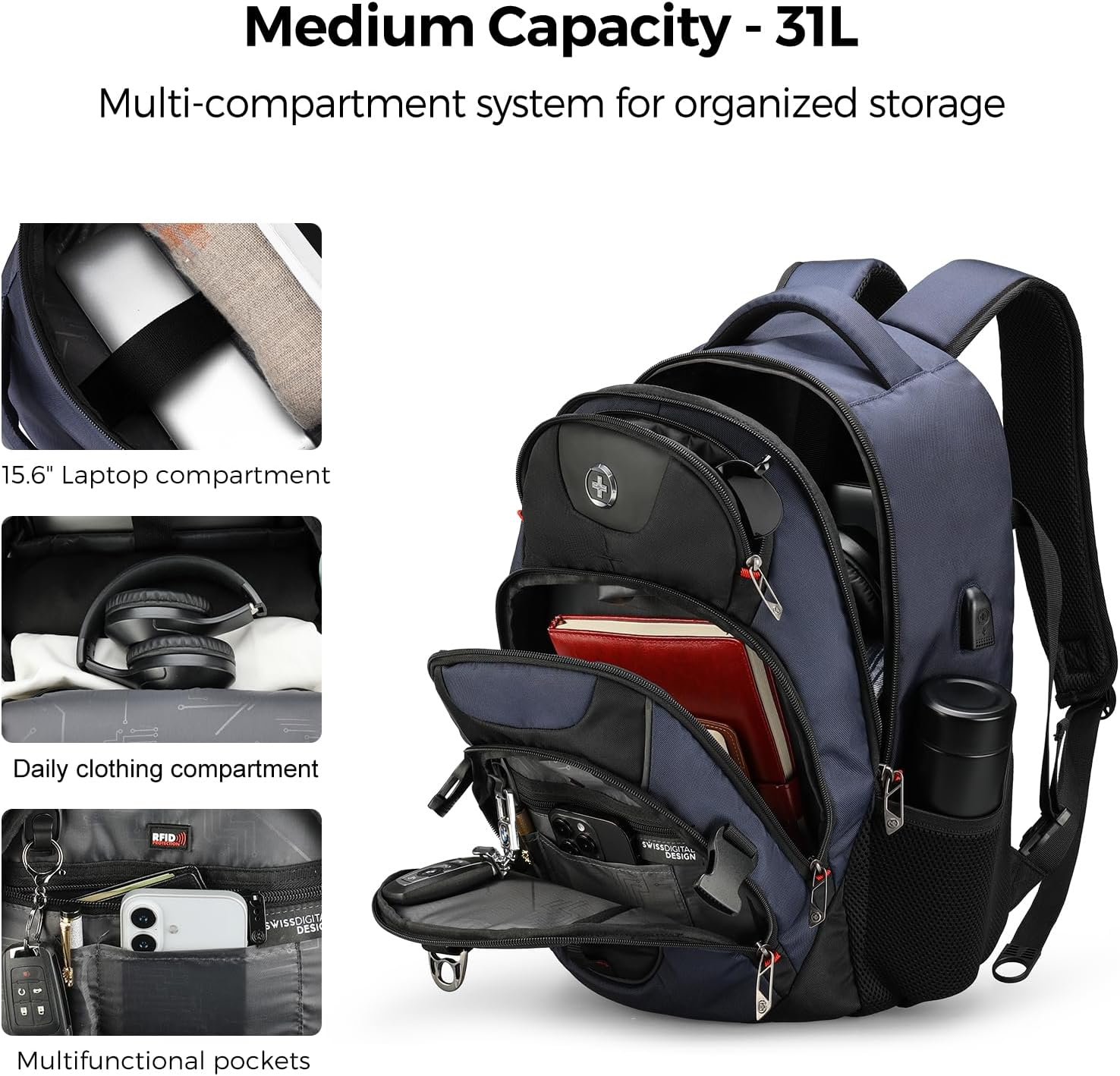 Swissdigital Design Travel Laptop Backpack for Men with USB SD803-12 - Image 5
