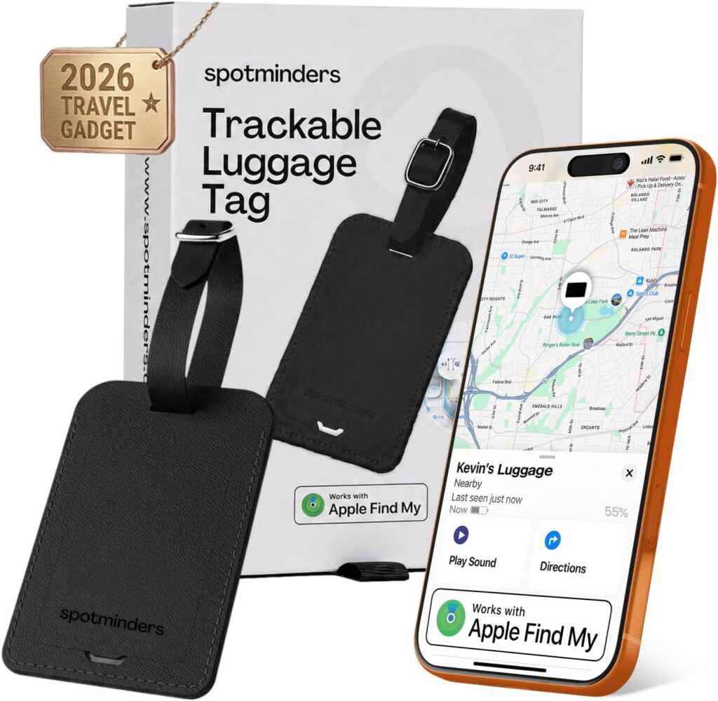 Spotminders Trackable Luggage Tags for Suitcases, TSA Approved (iOS Only) MFi Certified Rechargeable Luggage Tracker with 1-Year Battery, IPX4, Works with Apple Find My, Sound Alert, No Subscription