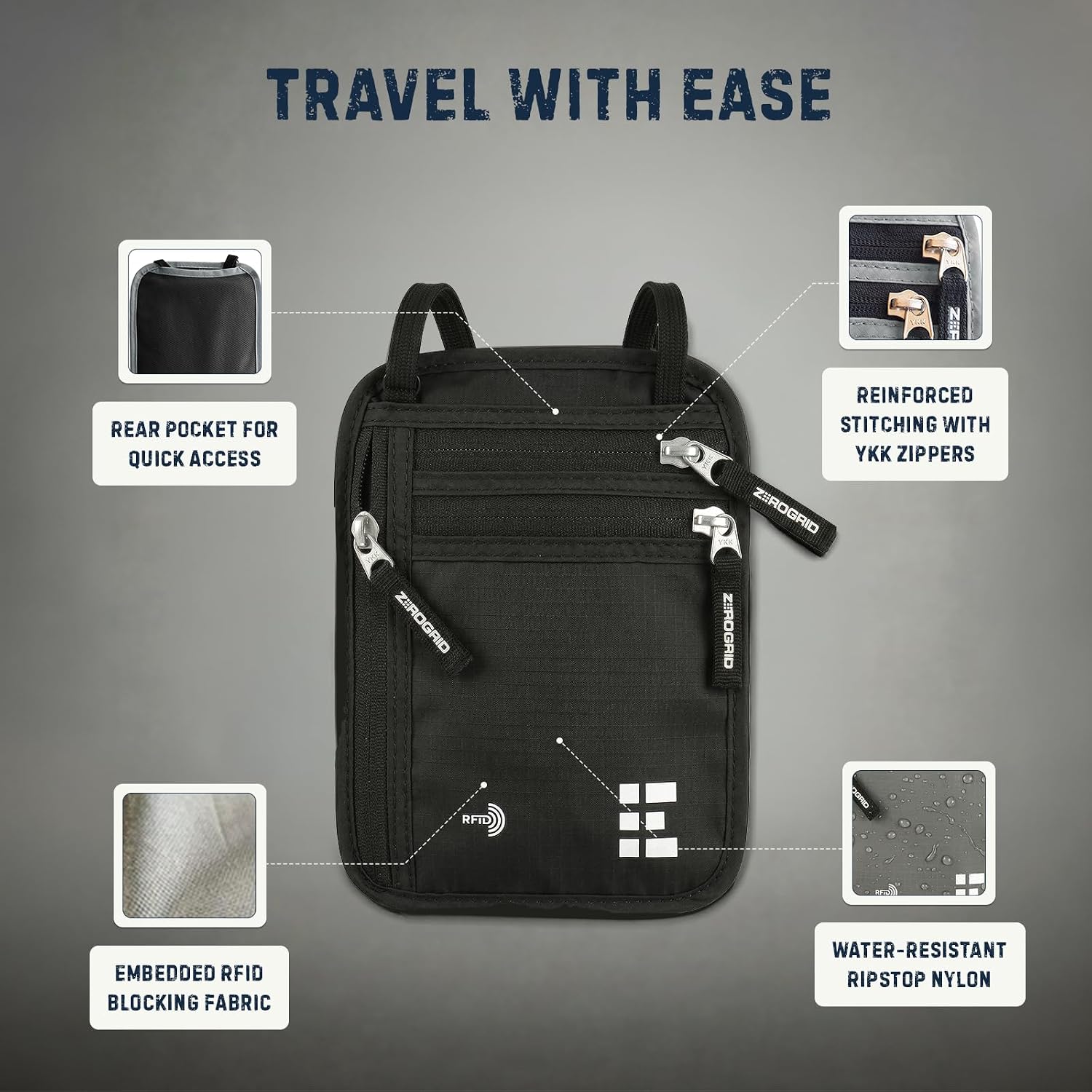 Zero Grid RFID Travel Neck Wallet, Large Passport Holder, Black - Image 6