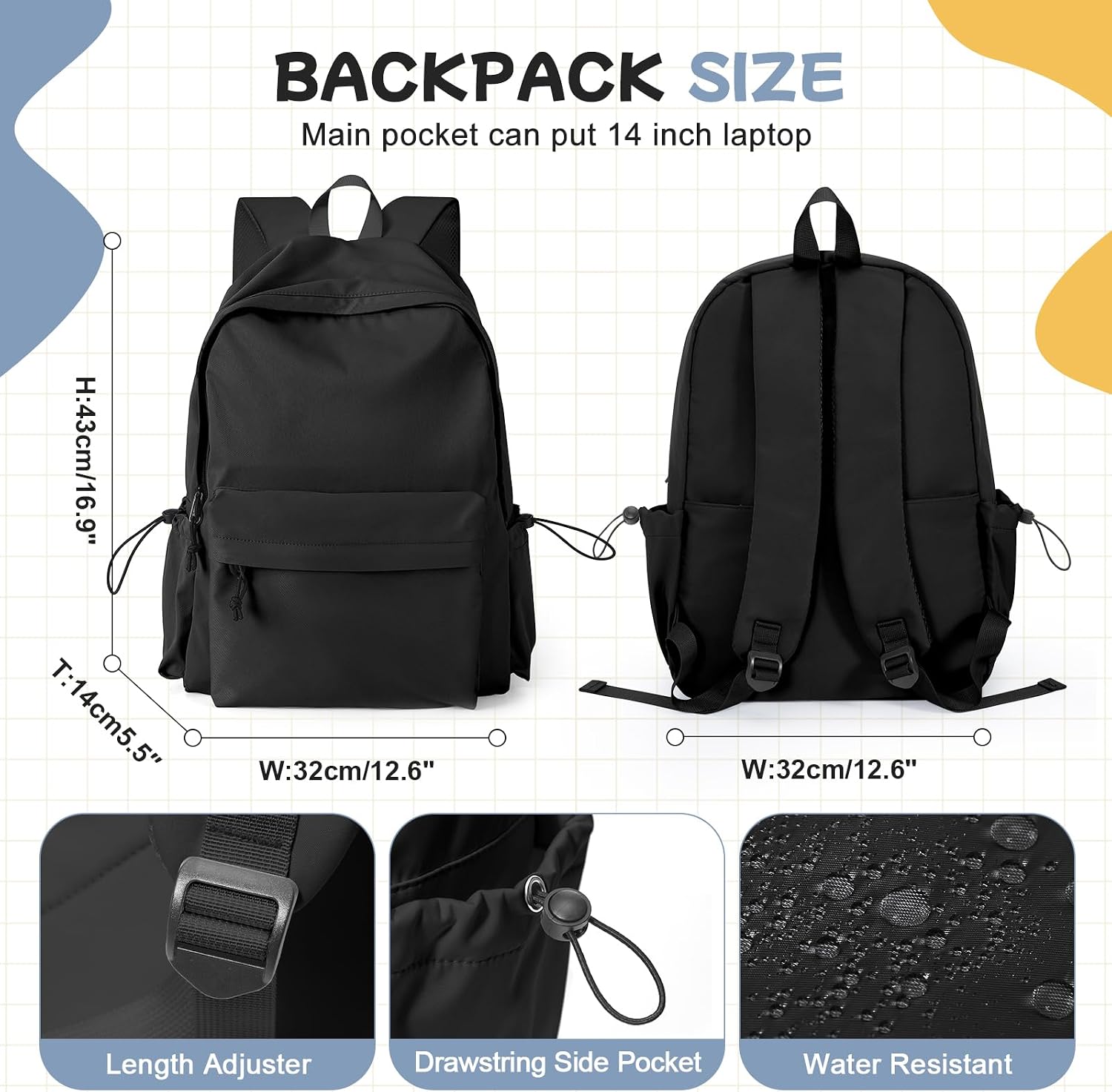 Black School Backpack for Girls Women Waterproof High School Book Bag Cute Backpack for Men Teens Boys, Lightweight Simple Middle School Back Pack Daypack - Image 3