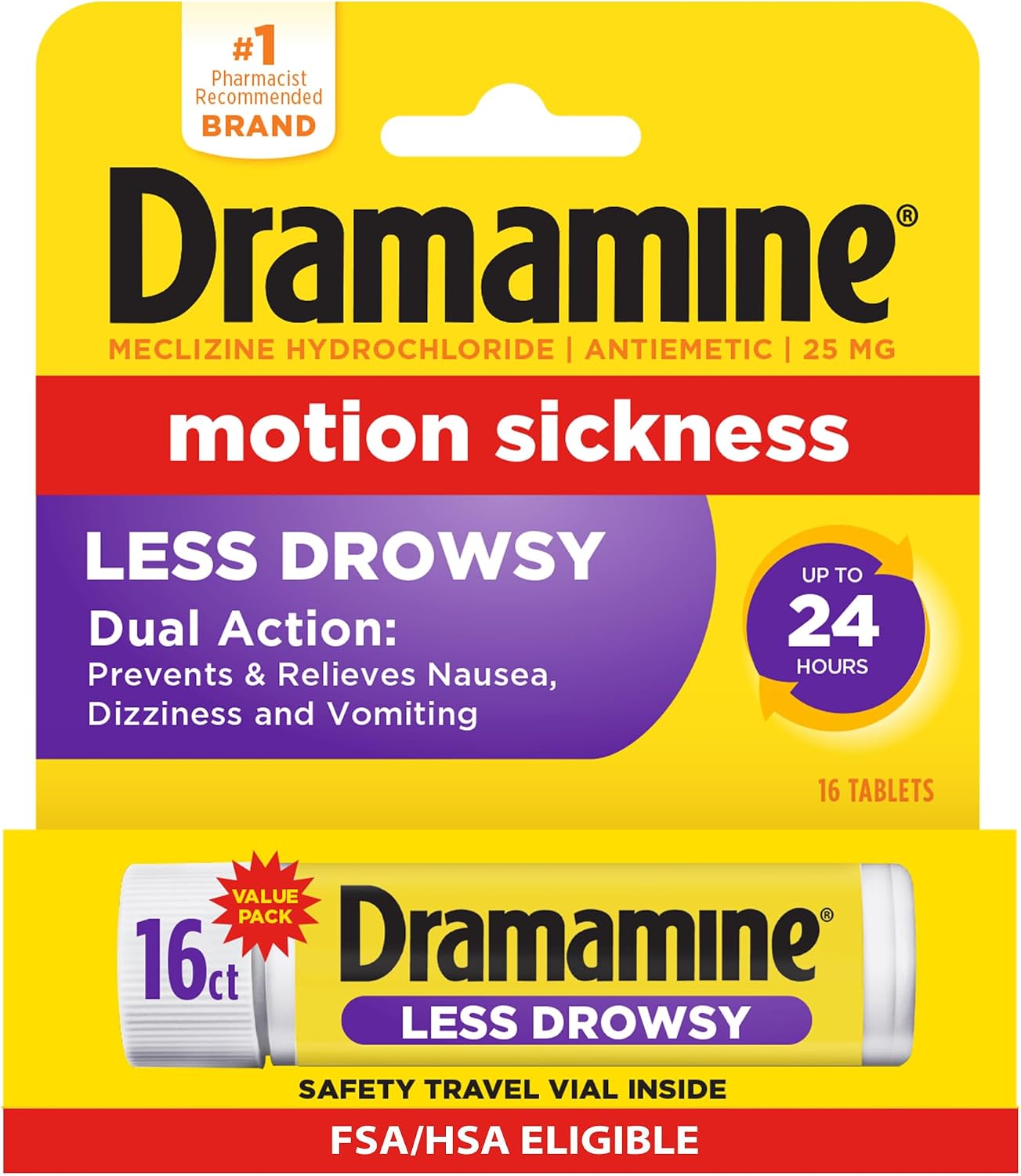 Dramamine Motion Sickness Relief, Less Drowsy, 16 Count