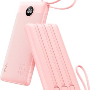 VRURC Portable Charger, Slim Power Bank Built-in 4 Cables, Travel Essential
