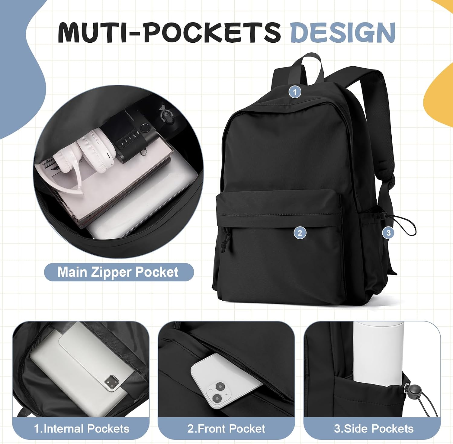 Black School Backpack for Girls Women Waterproof High School Book Bag Cute Backpack for Men Teens Boys, Lightweight Simple Middle School Back Pack Daypack - Image 4