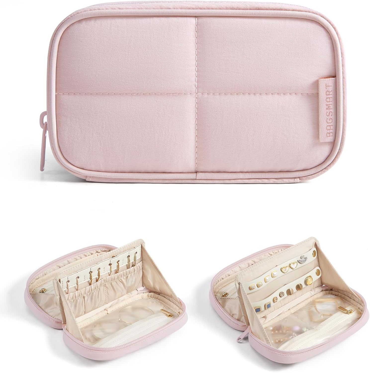 BAGSMART Travel Jewelry Case 180° Flat Open Dual-Compartment, Sakura Pink