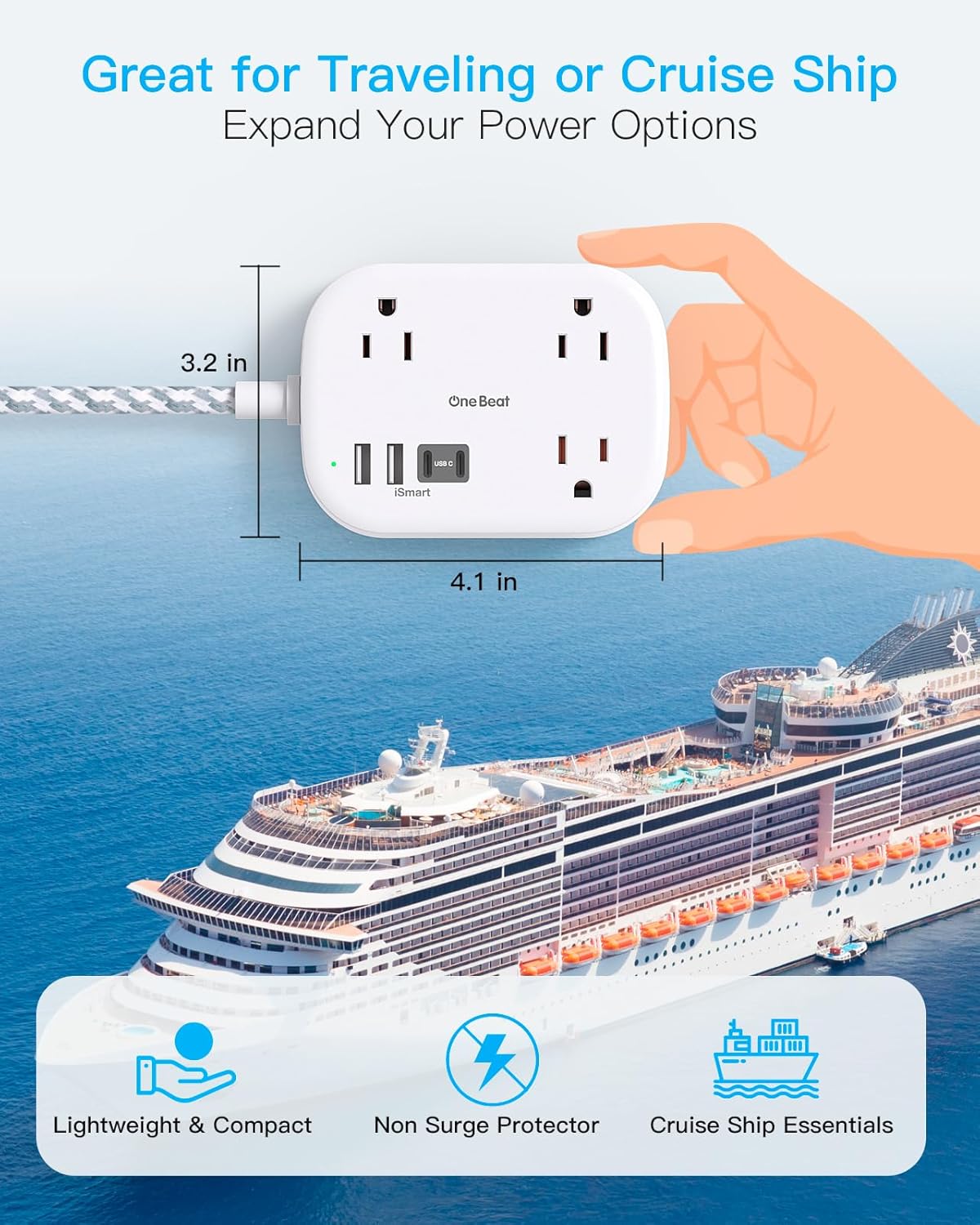 Cruise Essentials 2026,One Beat Travel Power Strip with USB C,Flat Plug 6ft - Image 3