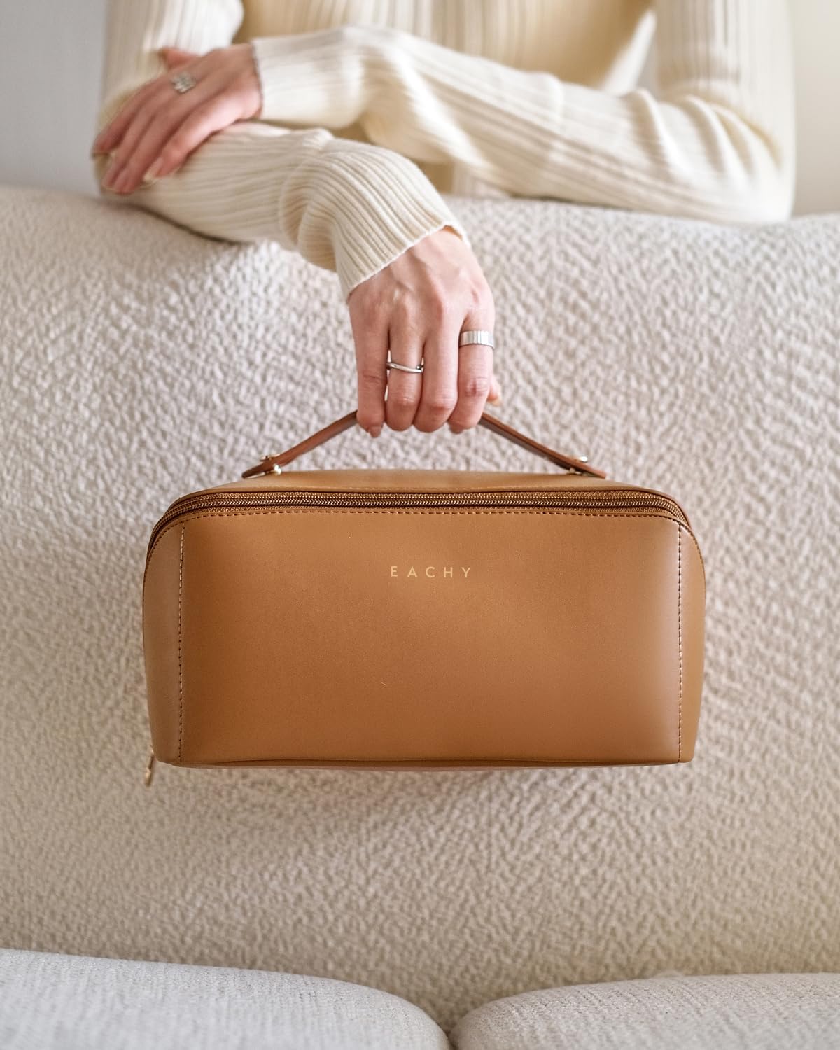 EACHY Travel Makeup Bag for Women, PU Leather Cosmetic Bag, Brown, Large - Image 9
