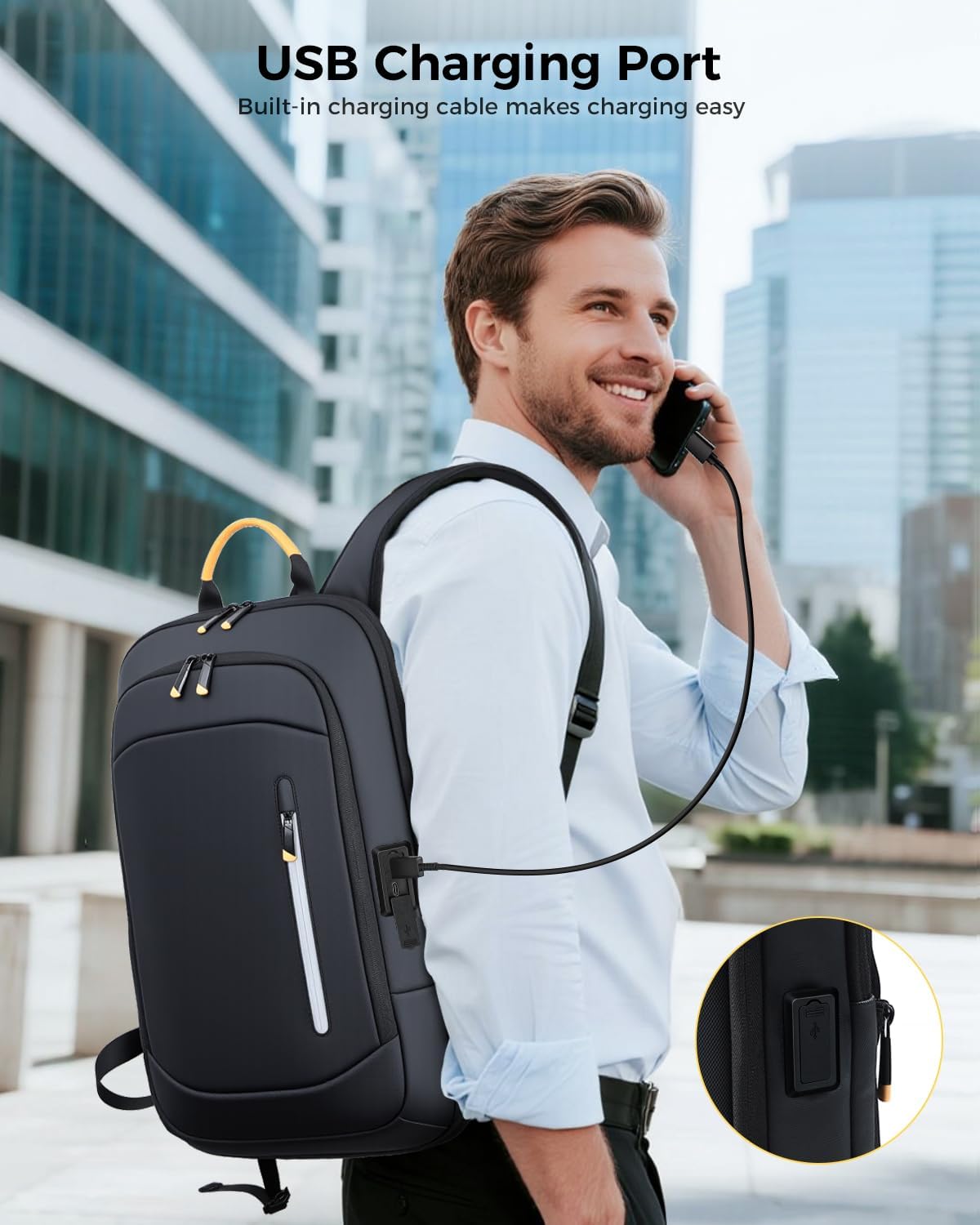 Slim Laptop Backpack for Men, 15.6 Inch Expandable Business Travel Backpack with USB Charging Port, Lightweight Work Computer Bag, 600D Waterproof Durable Backpack, Black - Image 5