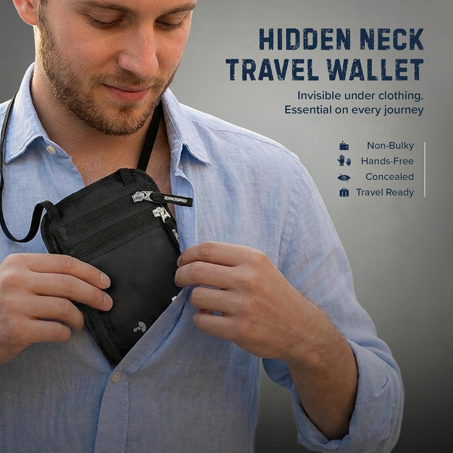 Zero Grid RFID Travel Neck Wallet, Large Passport Holder, Black - Image 5