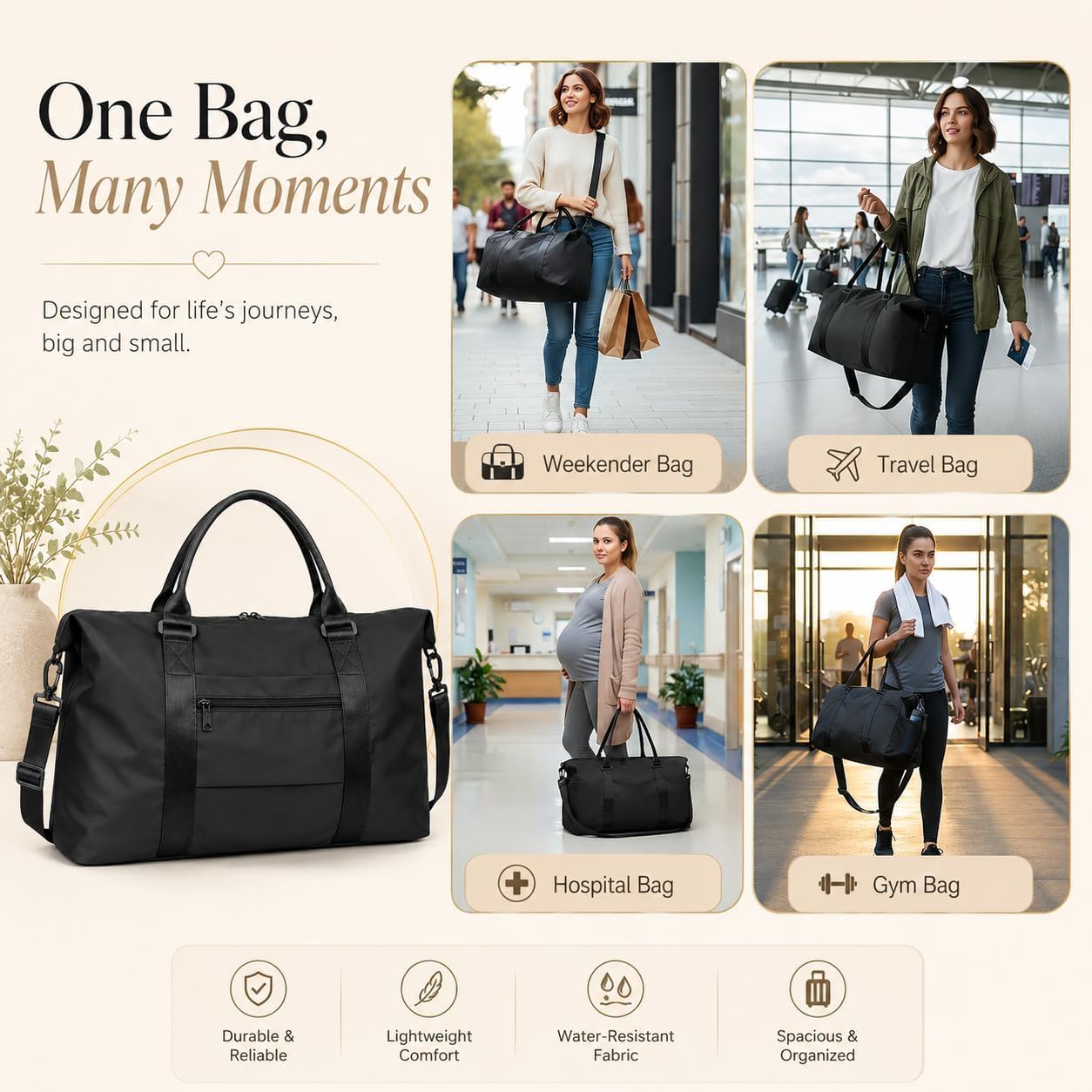 Travel Duffle Bag, Weekender Travel Bag Men Small Gym Bag for Women, Hospital Bag for Labor and Delivery, Overnight Bag Luggage Bag with Trolley Sleeve, Airplane Travel Essentials for Flying(Black) - Image 7