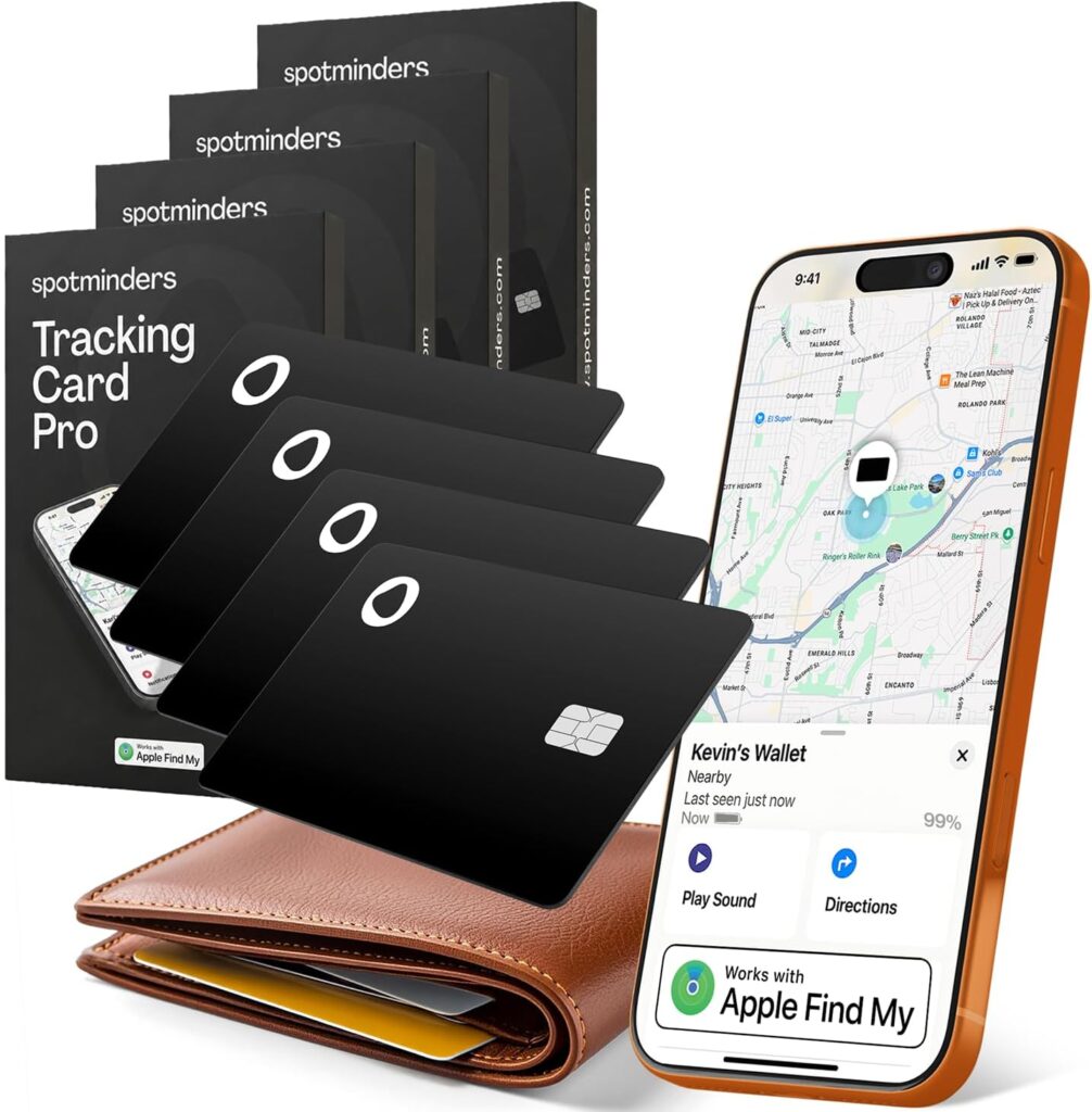 SPOTMINDERS Apple MFi Certified Credit Card Wallet Tracker PRO 4-Pack (iOS Only) Works with Apple Find My Rechargeable Tracking Card for Wallet IP68 0.07in Slim iPhone Item Finder for Luggage or Purse