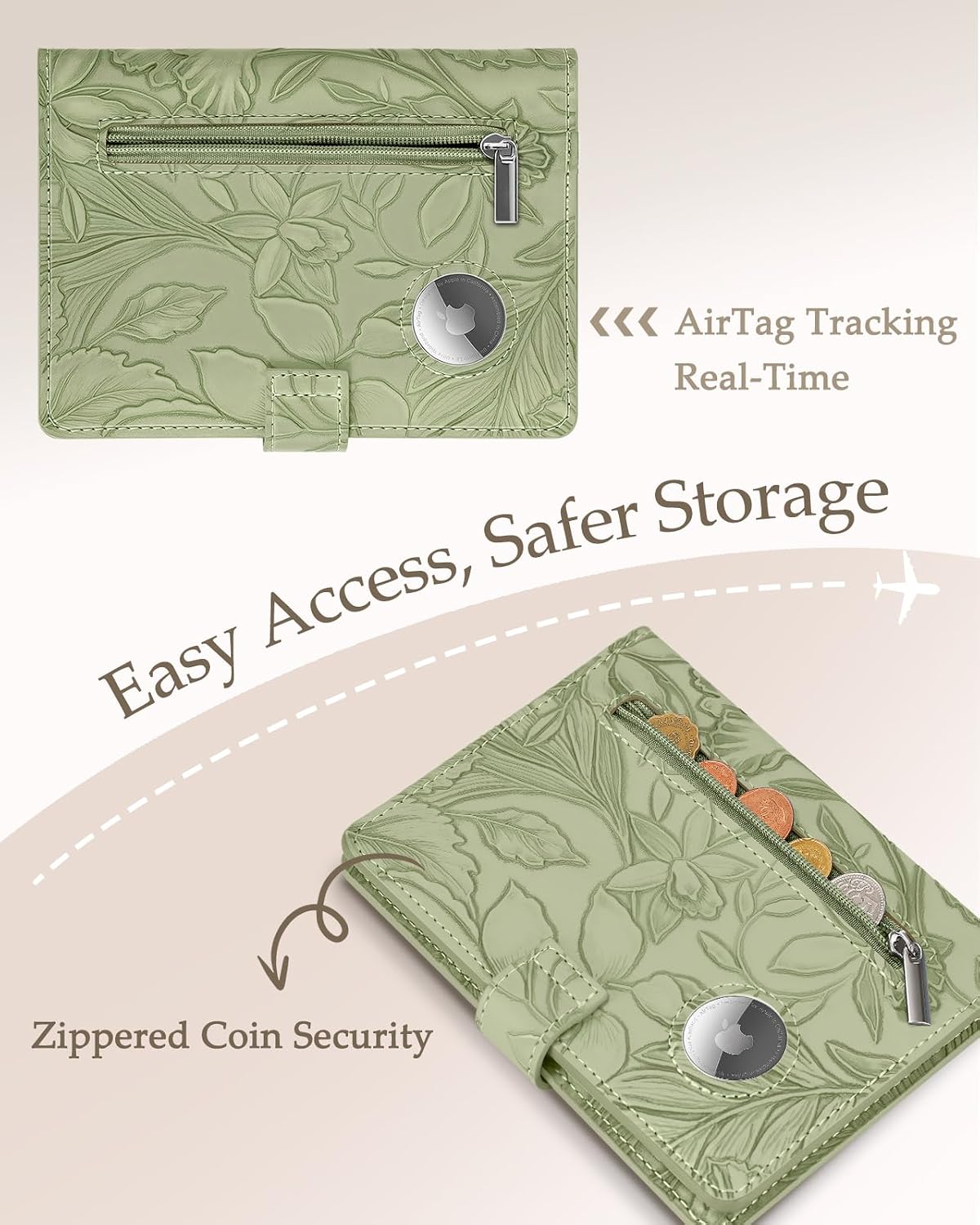 Slohif Elegant RFID Passport Holder for Travel with AirTag Sage Green - Image 4