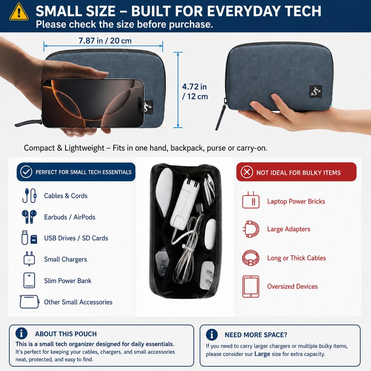 Small Electronics Organizer Travel Case, Cord and Cable Tech Bag Pouch - Image 3