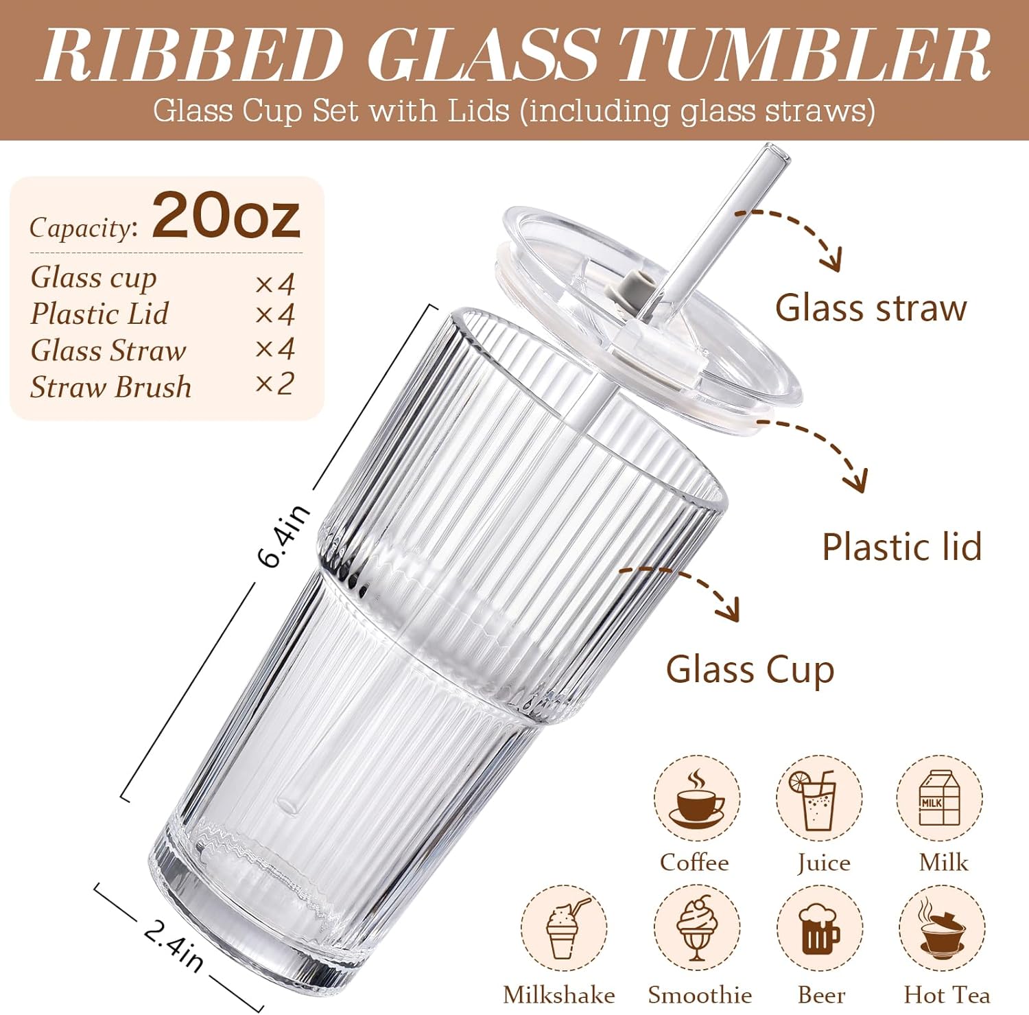 20oz Ribbed Iced Coffee Cups with Lids,4 Pcs Vintage Glass Cups Tumblers - Image 2