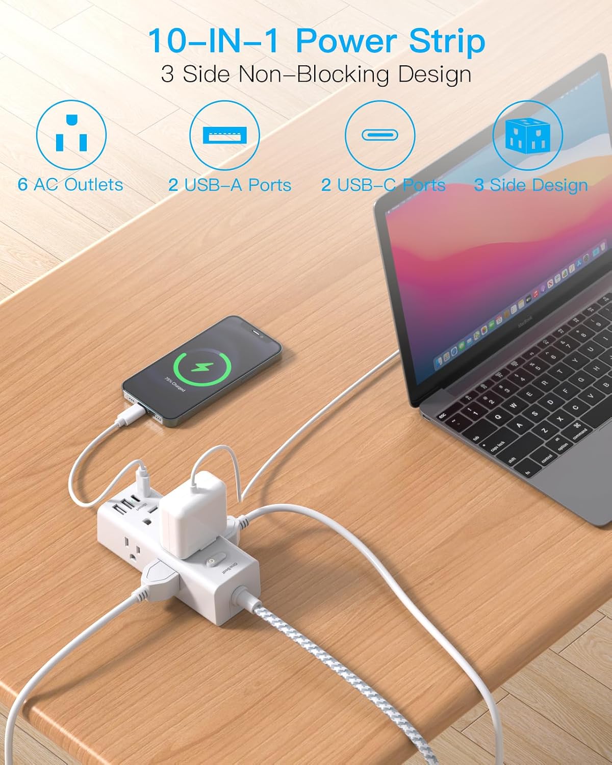 One Beat Surge Protector Power Strip, 5 Ft Flat Plug Extension Cord, 900J - Image 2