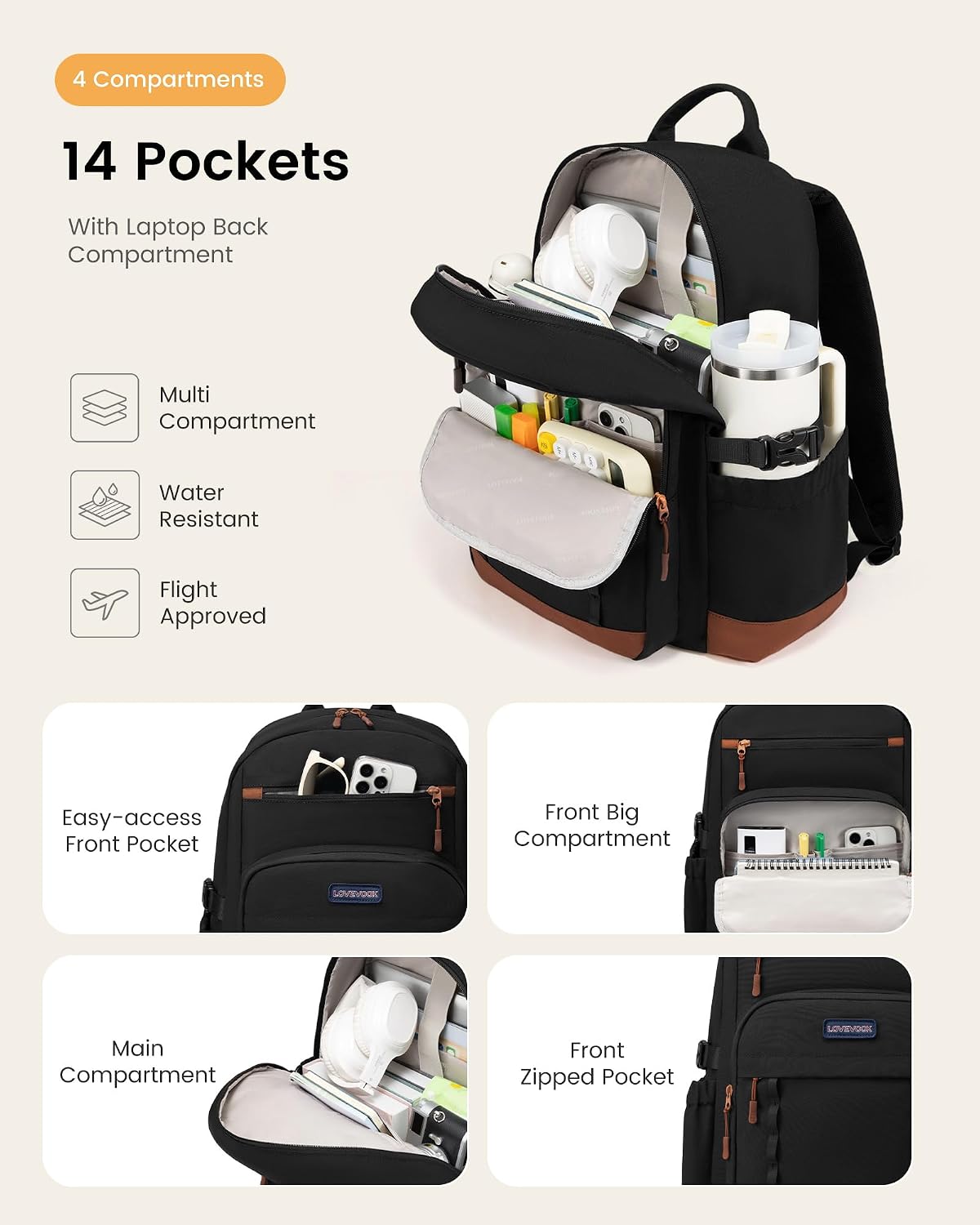 LOVEVOOK Laptop Backpack for Women Men with Large Cup Holder,15.6 Inch Work Travel Backpack Computer Laptop Bag,Waterproof Teacher Nurse College Business Office Carry on Backpack Purse,Back Pack Gifts - Image 3