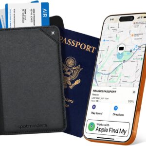 Apple MFi Certified Trackable Passport Holder for Travel (iOS Only) Works with Apple Find My, Rechargeable Passport Cover Air 3-Year Battery Life, Black RFID Blocking Travel Wallet Gift