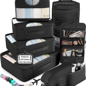 Veken 10 Set/8 Set Packing Cubes for Travel Essentials,Anti-Wrinkle Buckled Suitcase Organizer for Shoe & Toiletry Bag,Carry On Luggage Bag for Airplane & College Dorm Room Accessories,Women Men Gifts