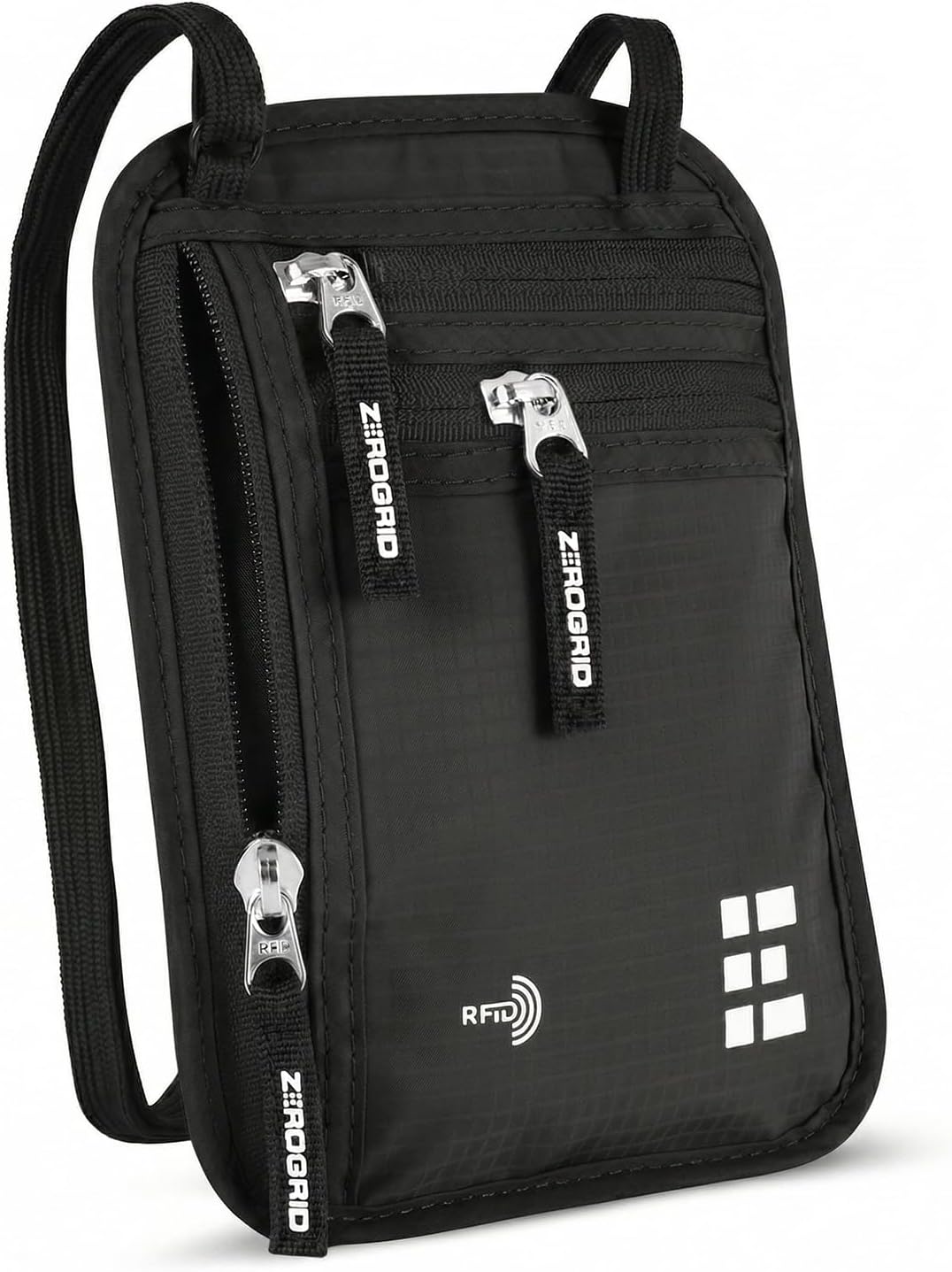 Zero Grid RFID Travel Neck Wallet, Large Passport Holder, Black