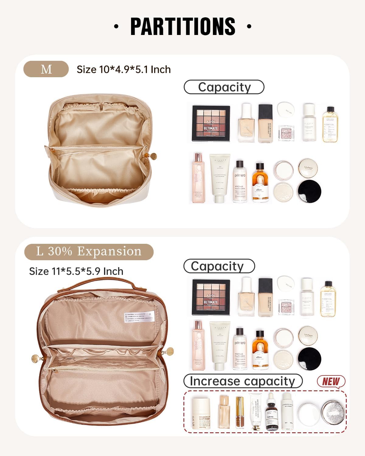EACHY Travel Makeup Bag for Women, PU Leather Cosmetic Bag, Brown, Large - Image 3