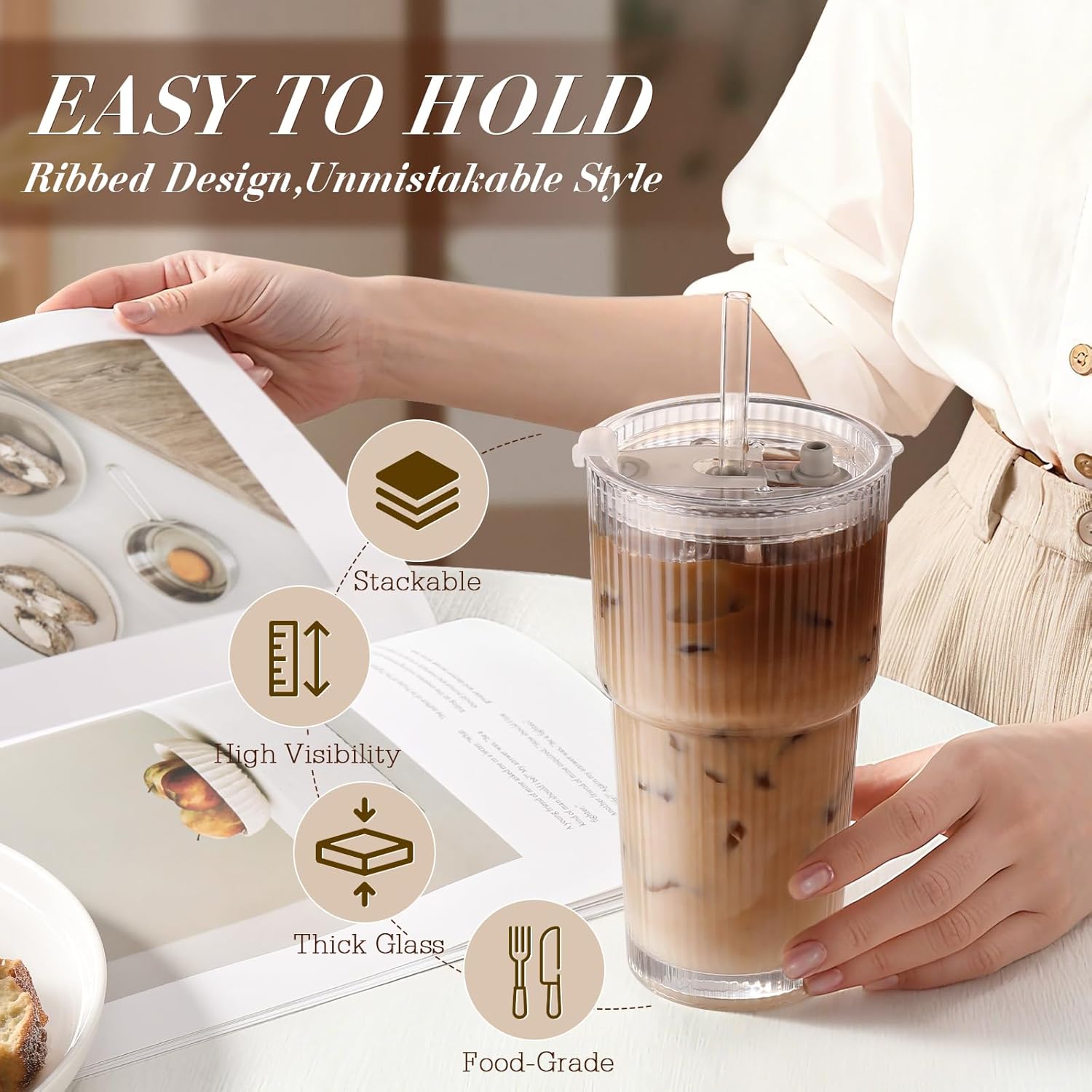 20oz Ribbed Iced Coffee Cups with Lids,4 Pcs Vintage Glass Cups Tumblers - Image 3